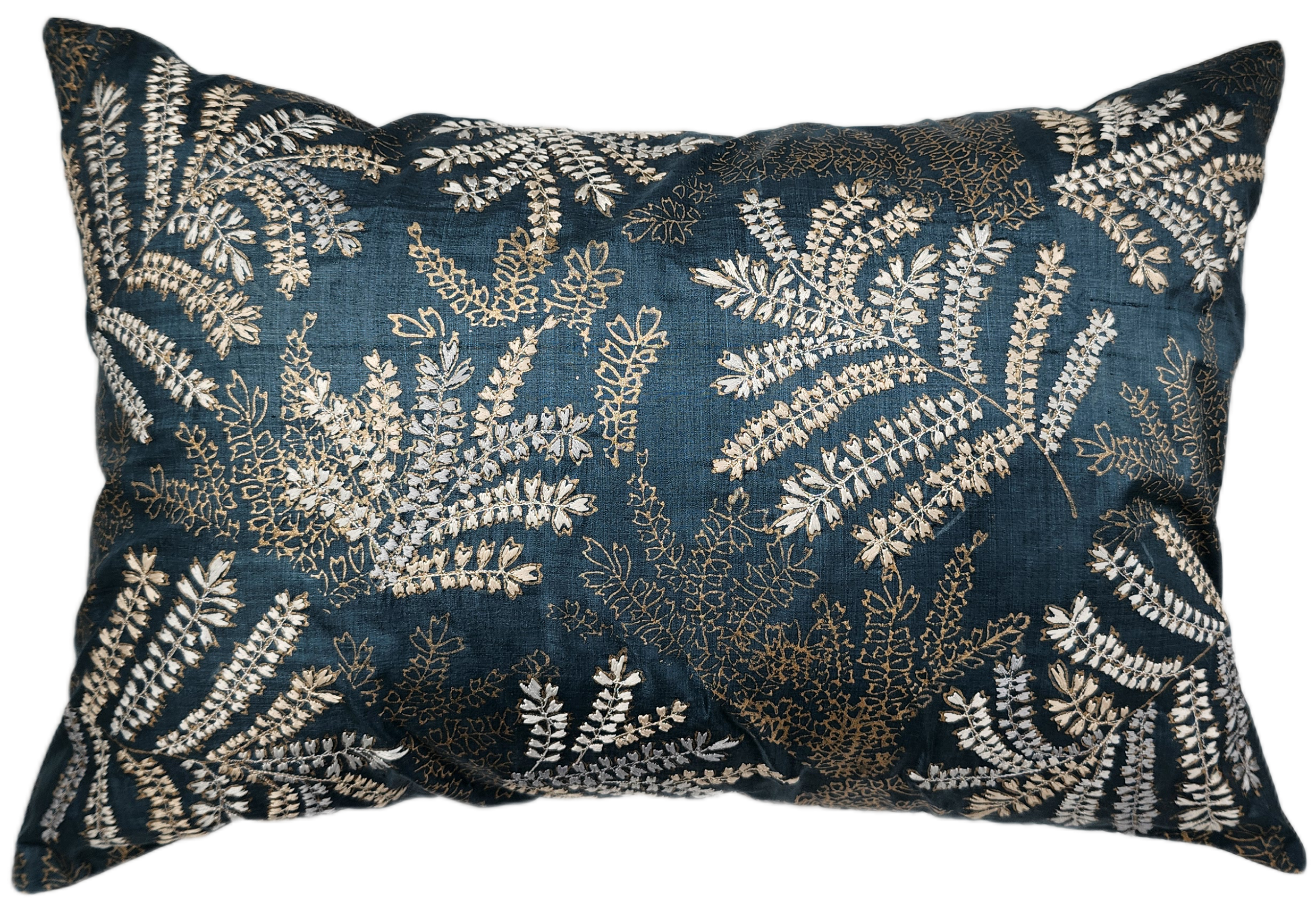 Khejri Leaf embroidered silk cushion in grey, blue and gold, 30 x 45 cm, Rasa Jaipur