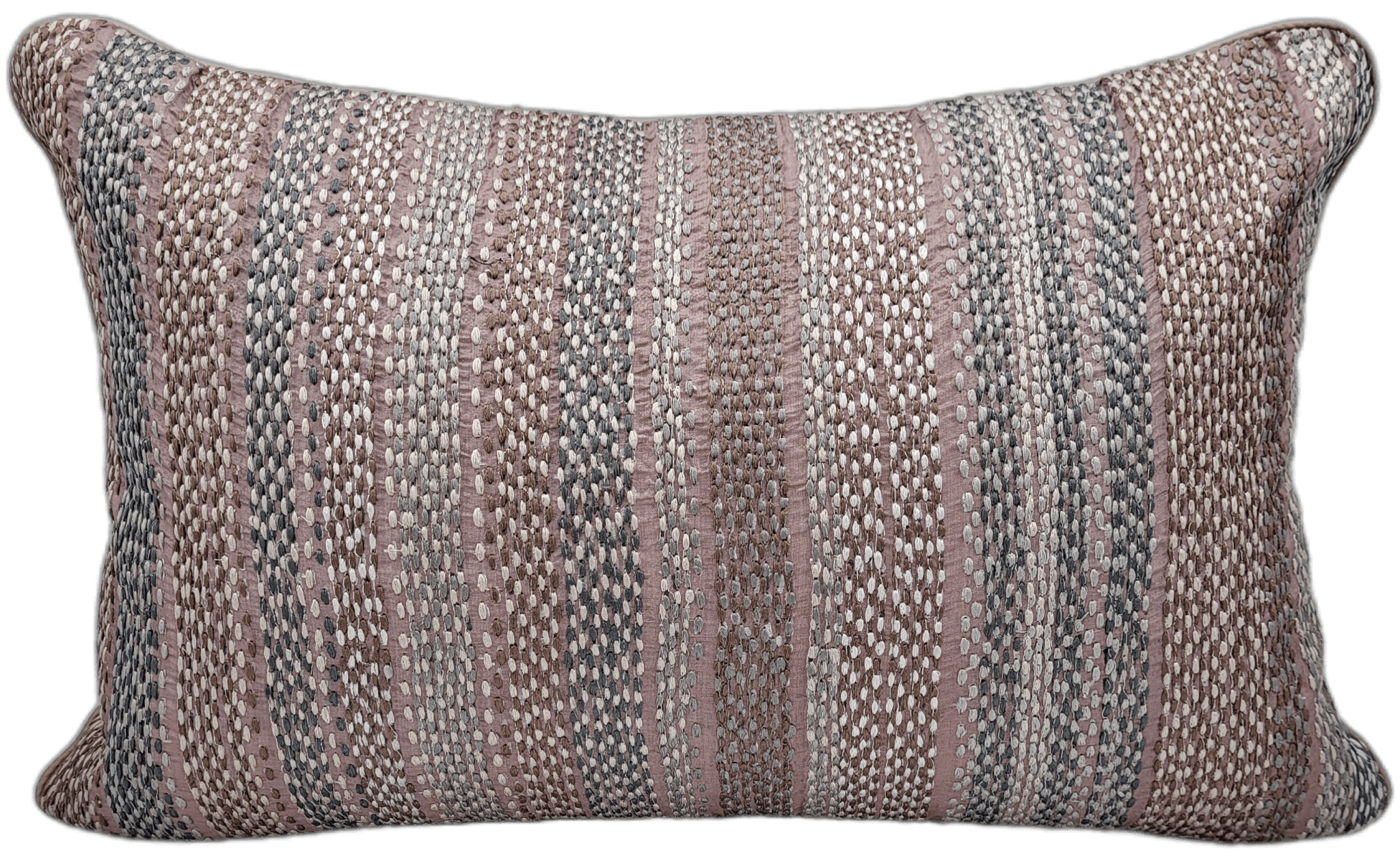 Shell pink striped embroidered silk cushion in pink, grey and brown, 30 x 46 cm, Rasa Jaipur