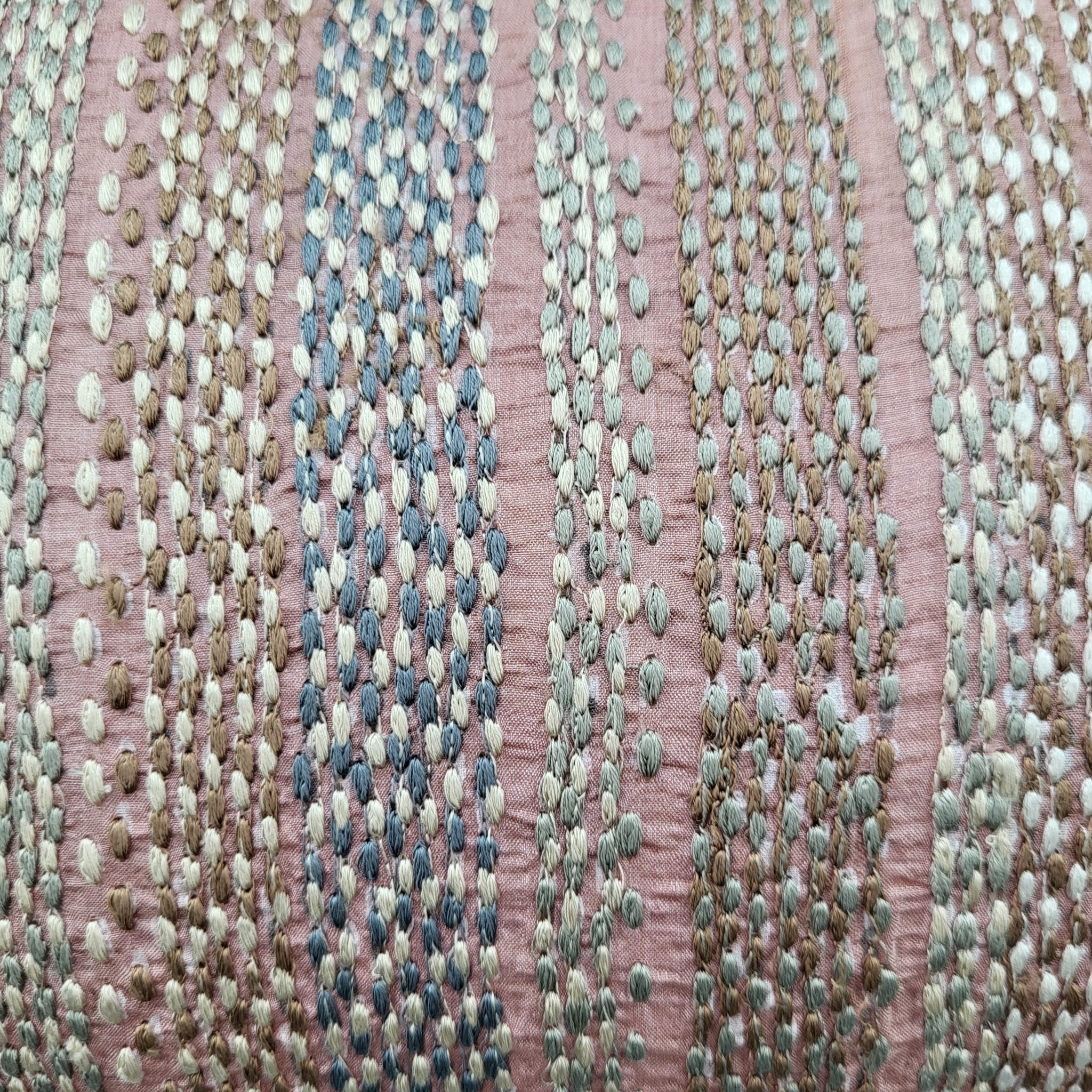 Shell pink striped embroidered cushion, 30 x 46 cm, block-printed with hand embroidery detail