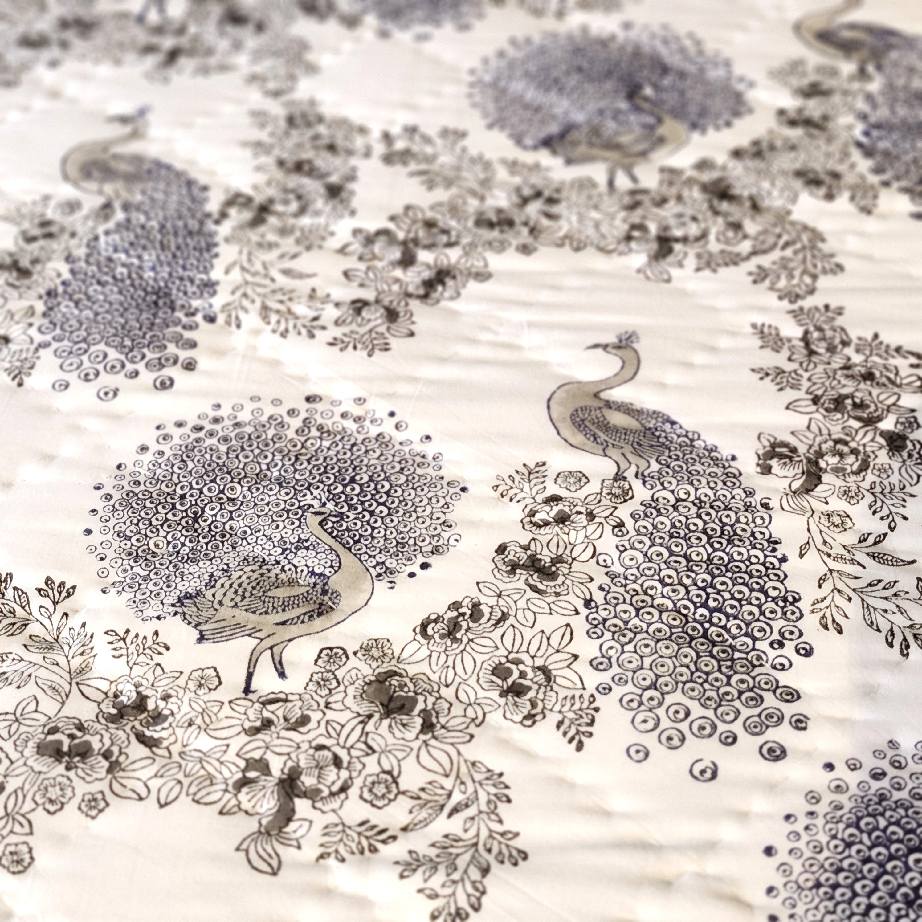 Detail of the Samode Peacock block-print quilt