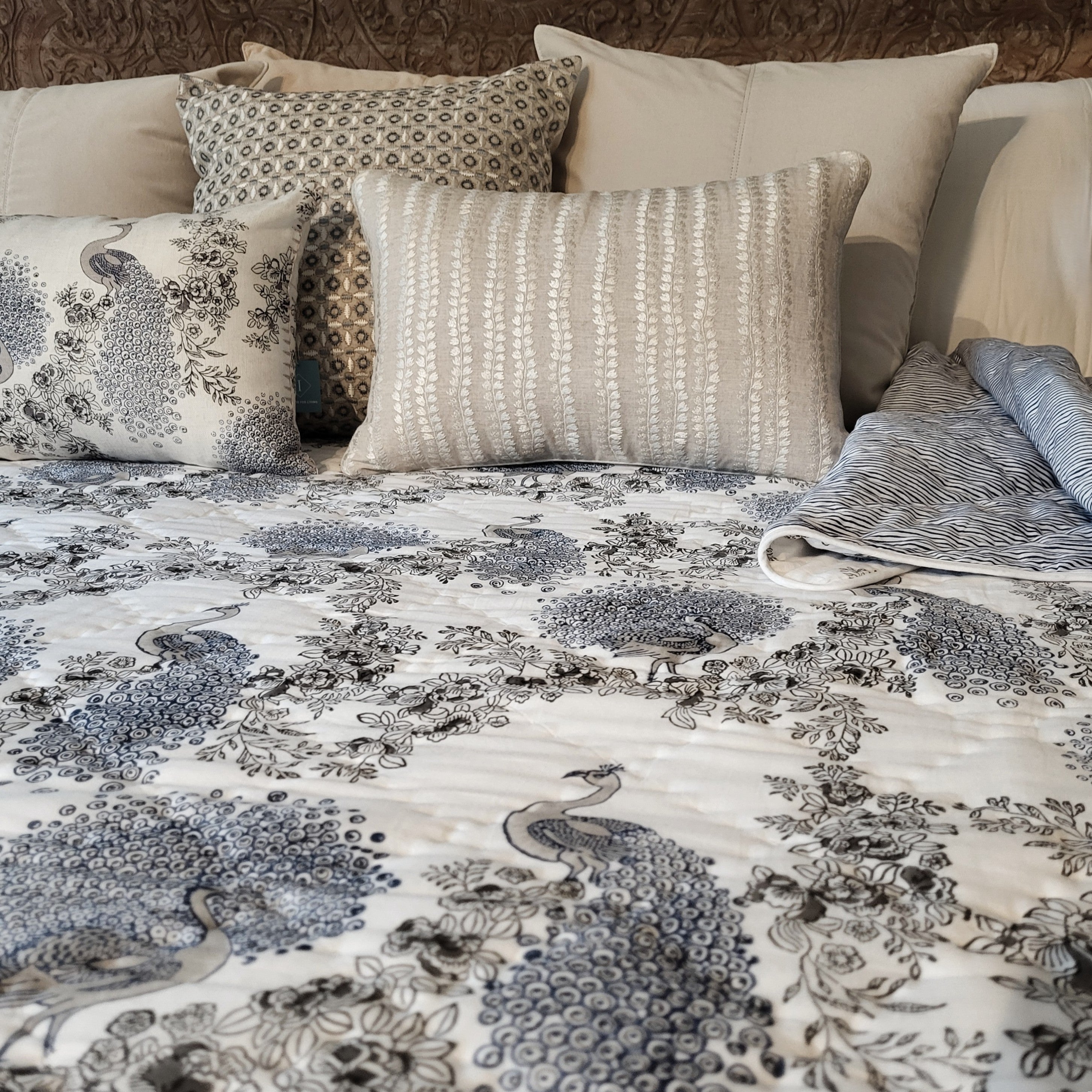 Samode Peacock block-print quilt, blue peacocks on white voile