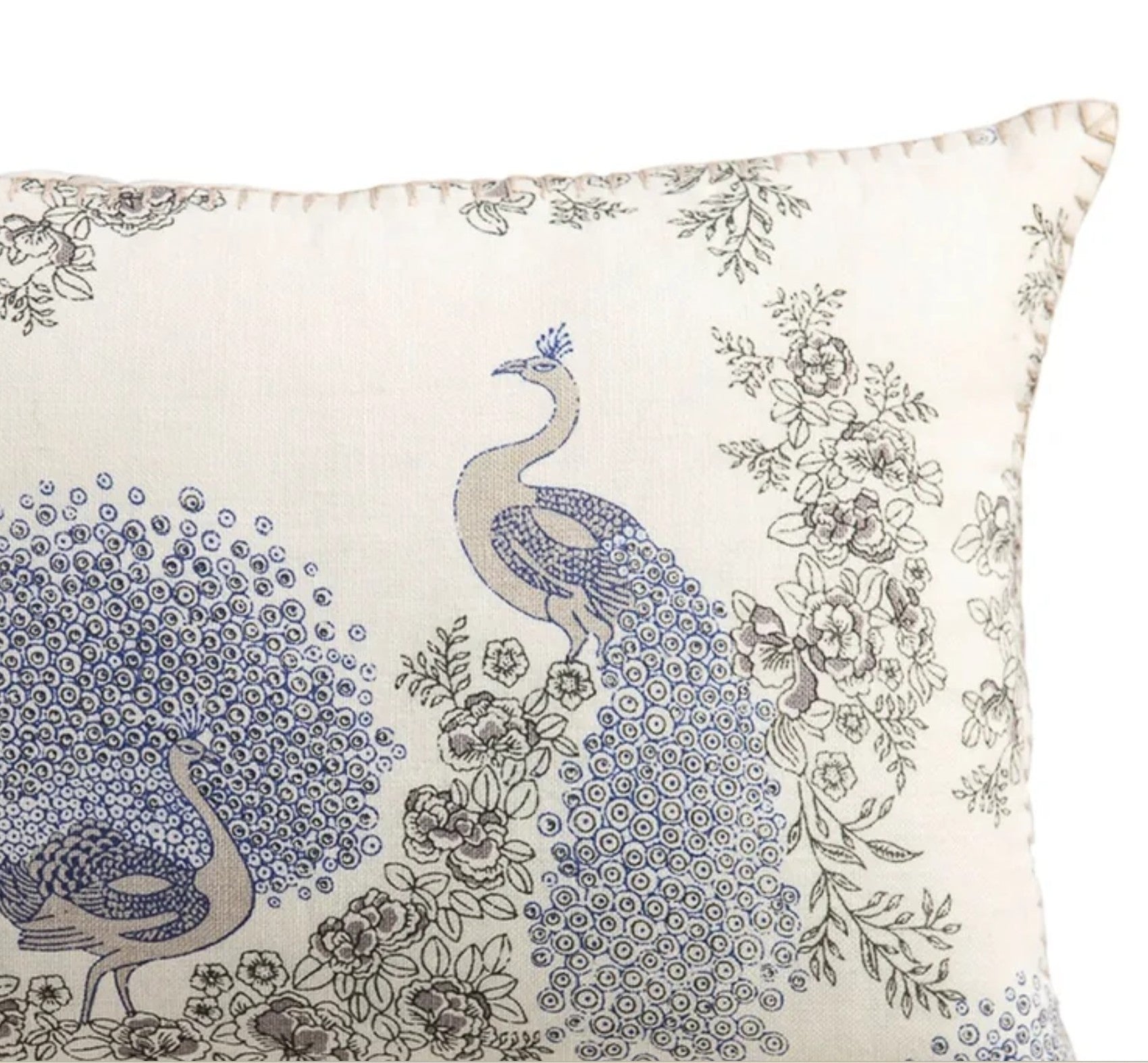 Samode peacock-print linen cushion, blue and white