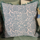 Shahnaz block-print linen cushion in aqua, 45 cm