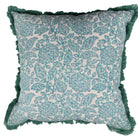 Shahnaz aqua floral block-print linen cushion with fringe, detail of the pattern, 45 cm square cover