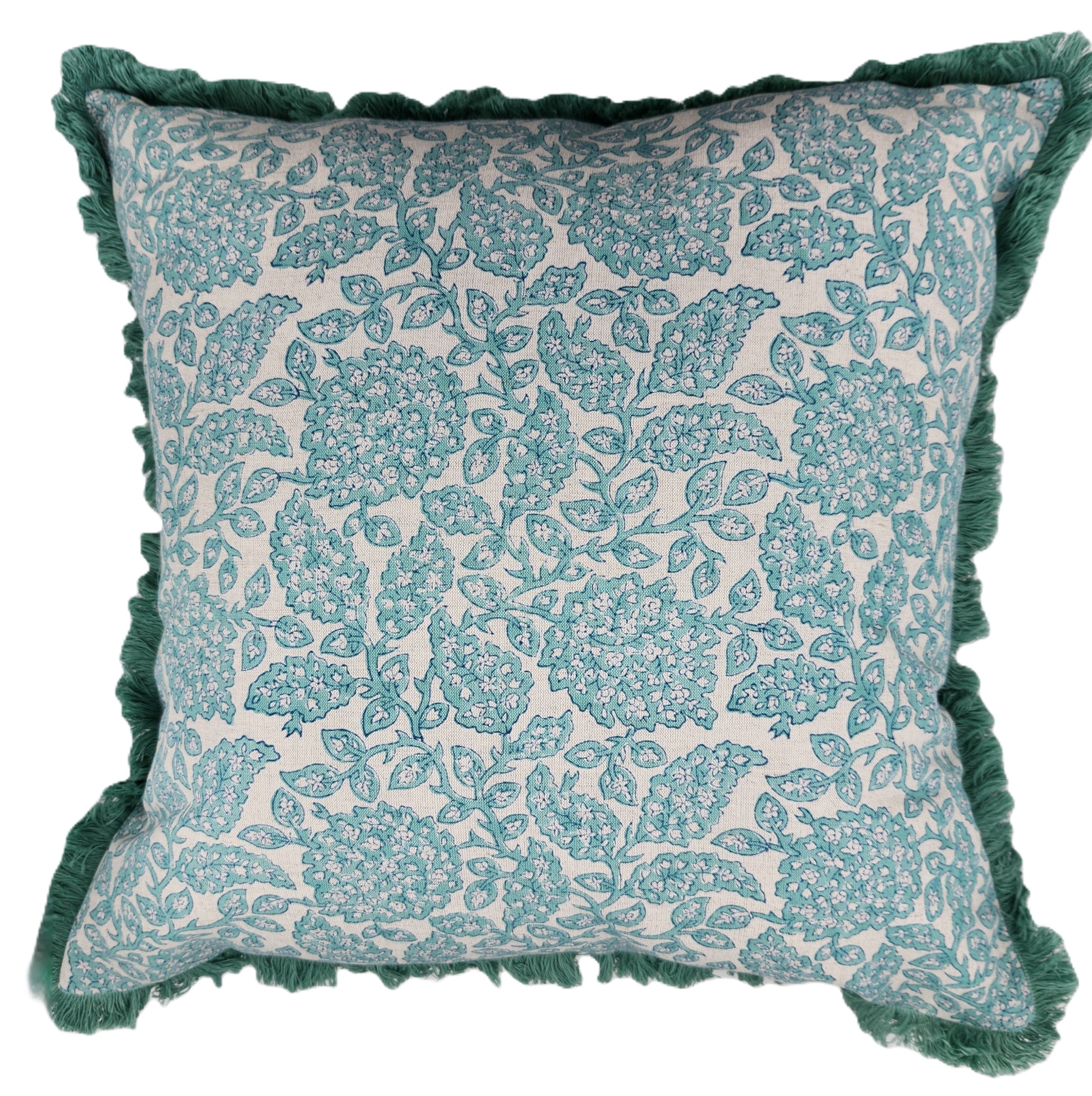 Shahnaz aqua floral block-print linen cushion with fringe, detail of the pattern, 45 cm square cover