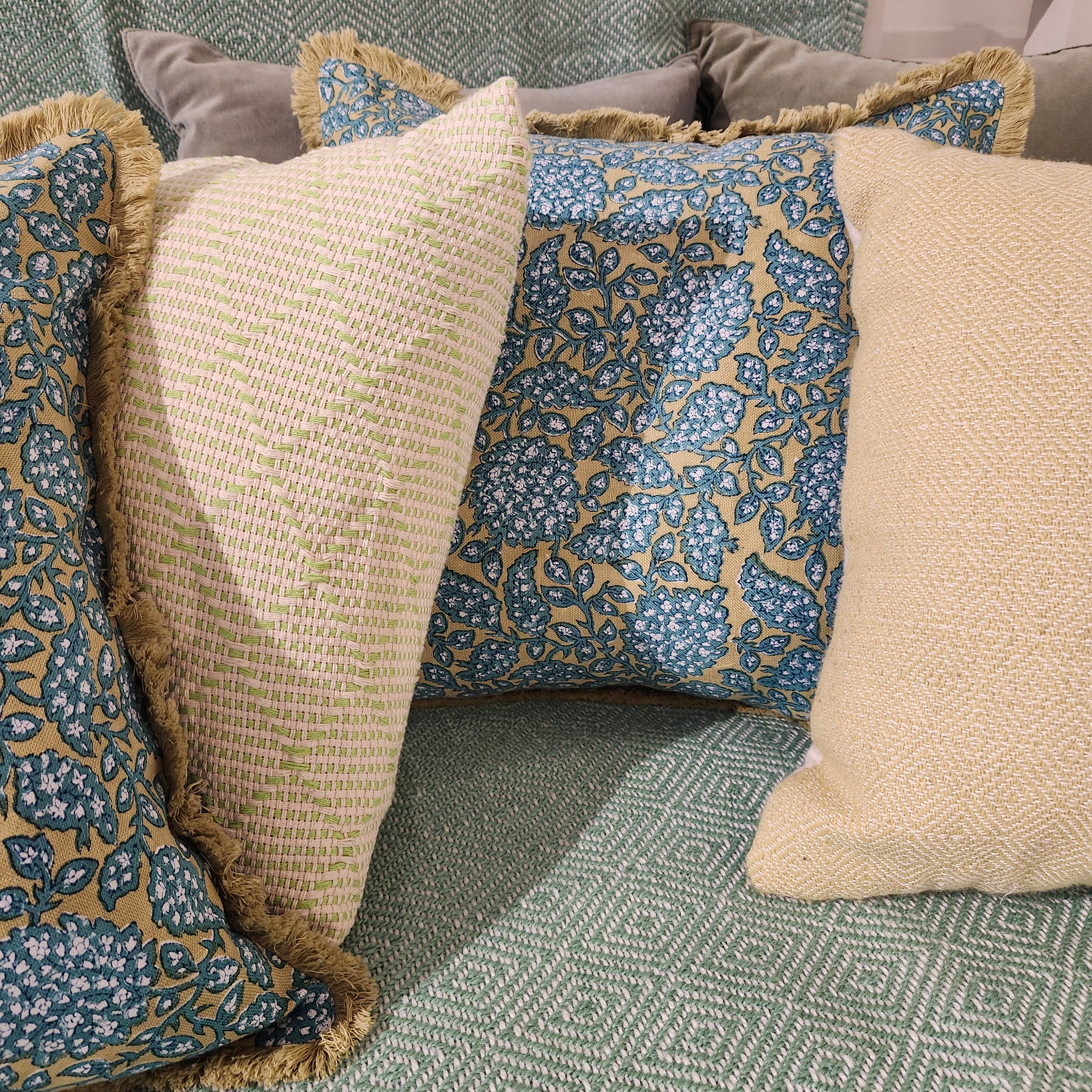 Green Shahnaz floral block-print linen cushion cover
