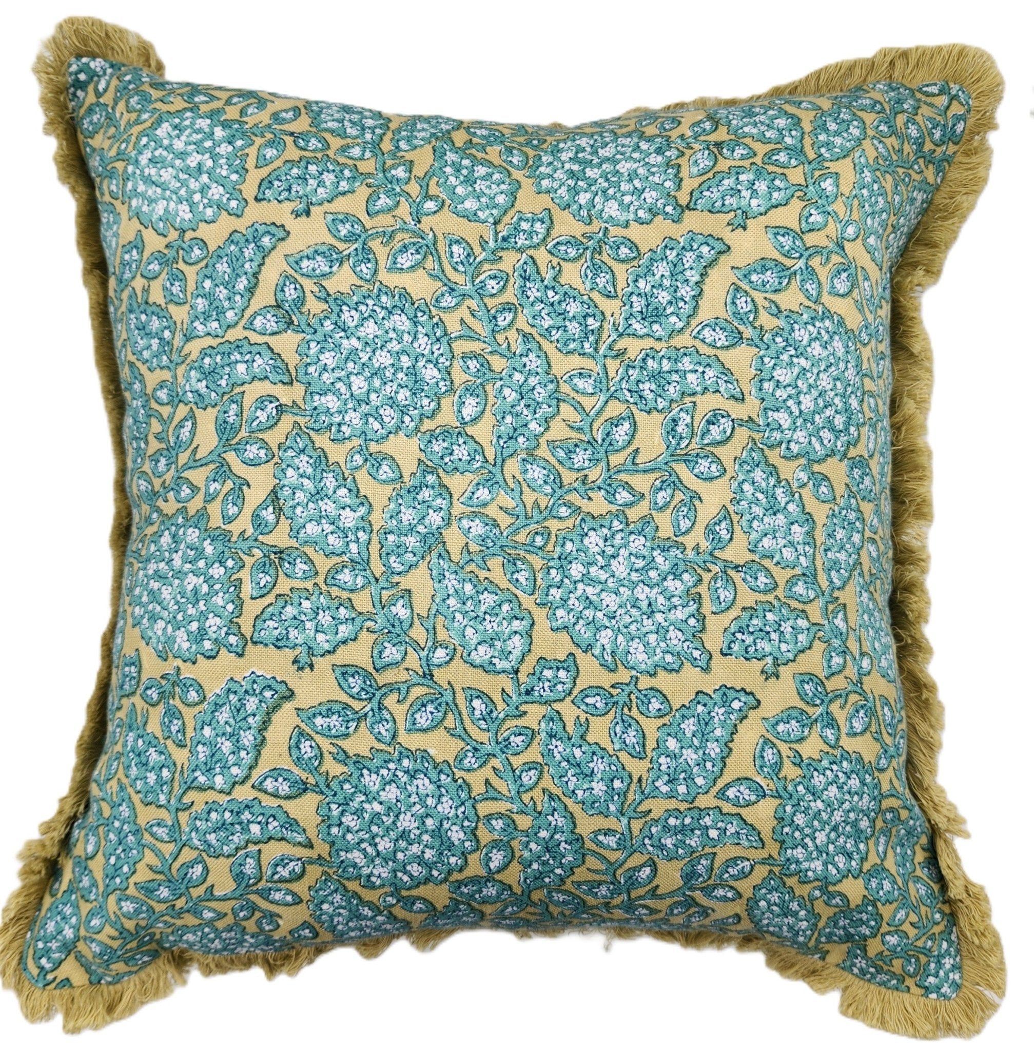 Shahnaz green block-print linen cushion, detail view