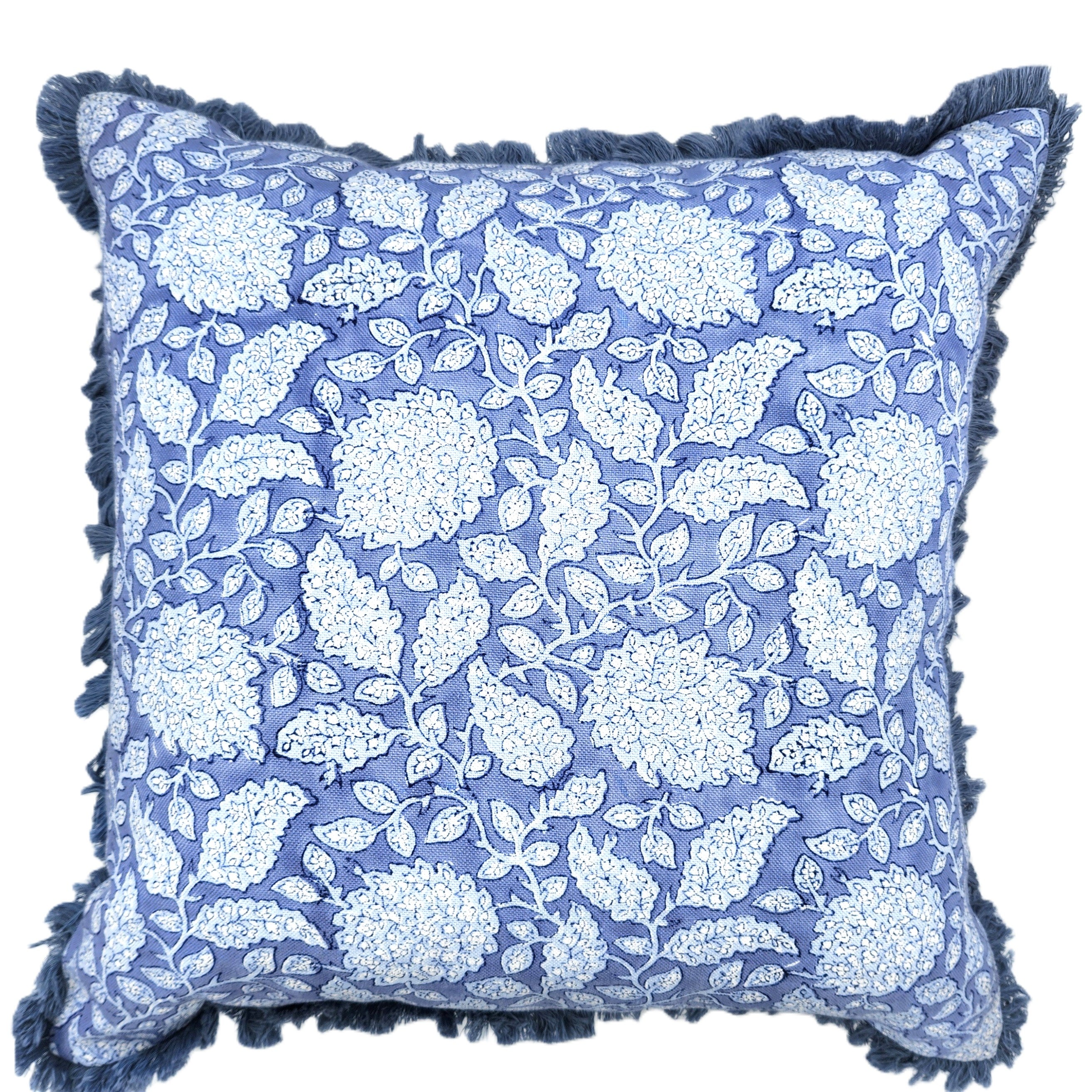 Shahnaz indigo block-print linen cushion, detail view