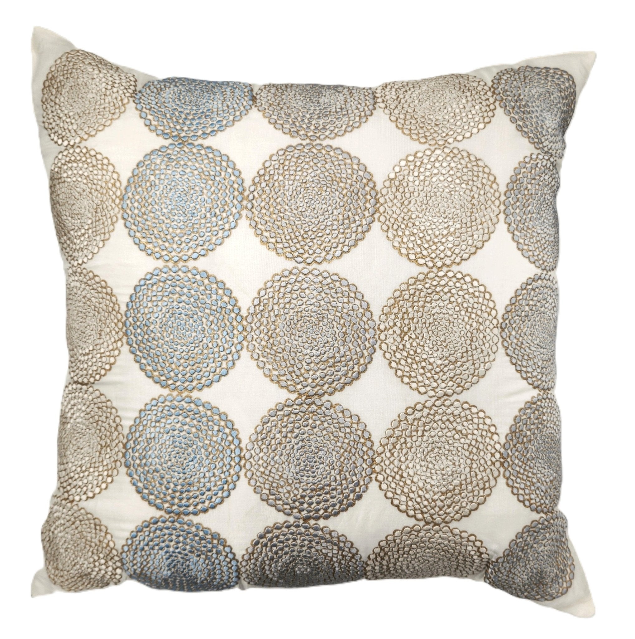 Silk Circles embroidered cushion in beige, gold, cream, silver and grey, 45 x 45 cm, Rasa Jaipur