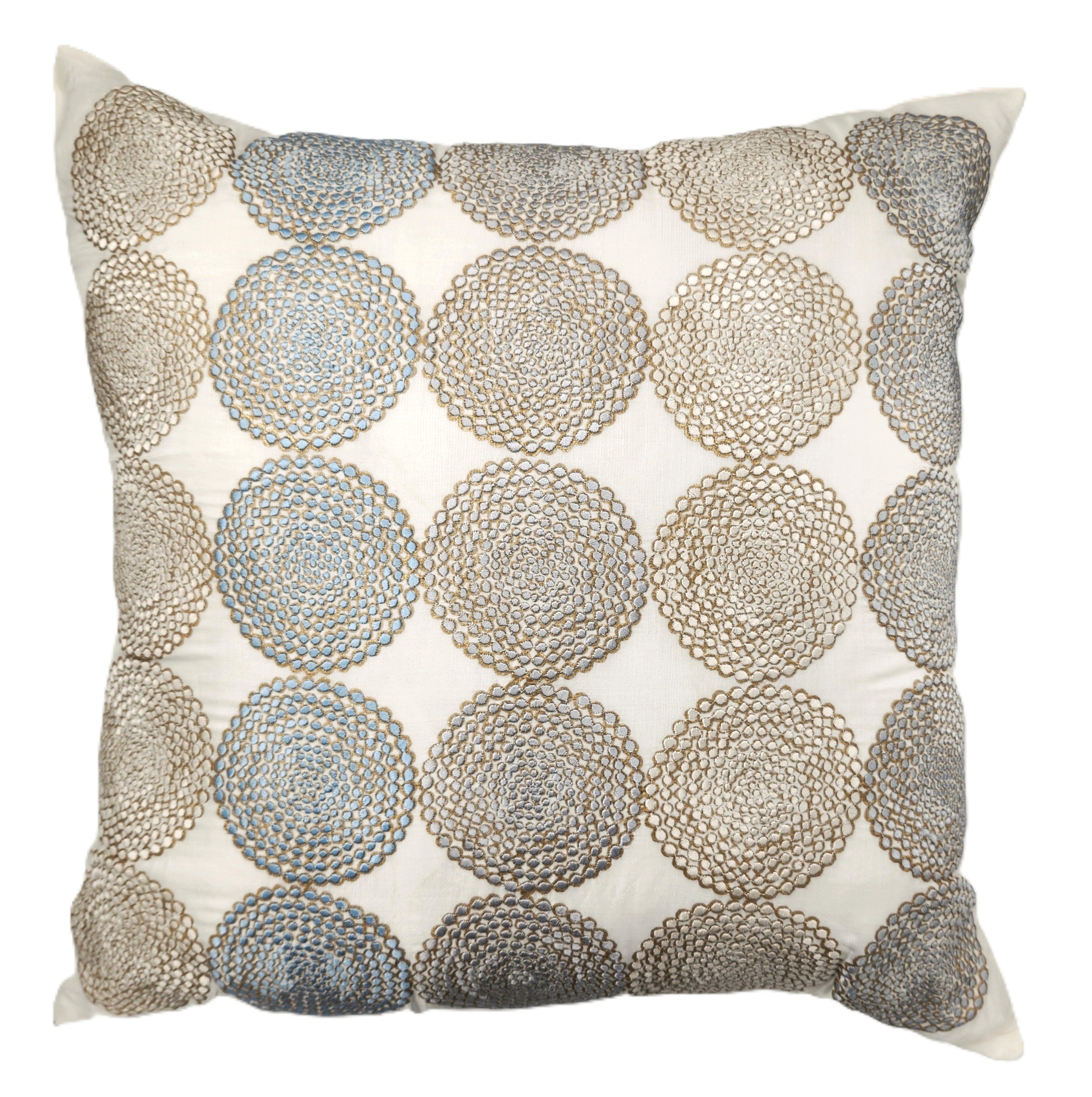 Silk Circles embroidered cushion in beige, gold, cream, silver and grey, 45 x 45 cm, Rasa Jaipur