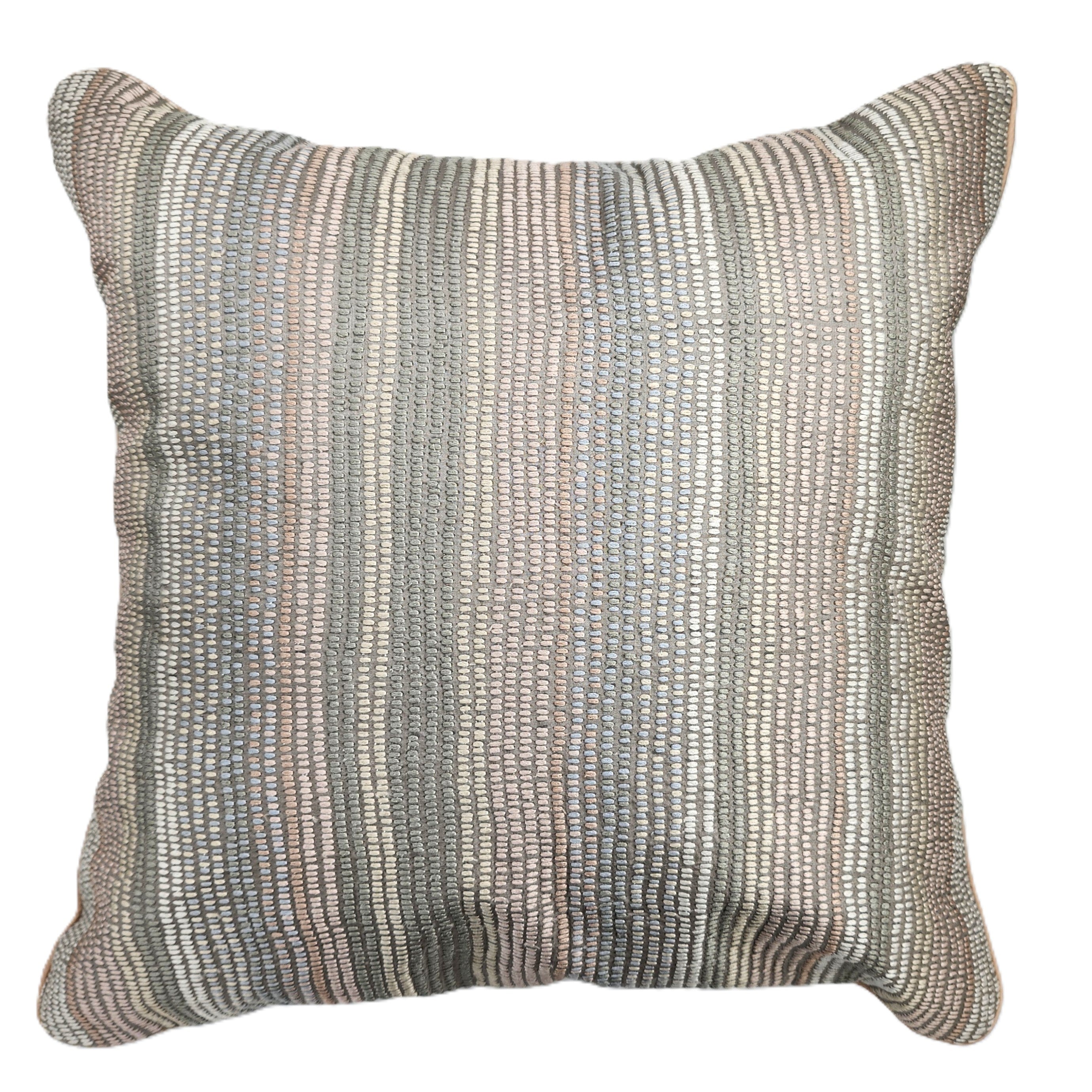 Tinka embroidered silk striped cushion in cream, beige, grey and pink, 46 x 46 cm, Rasa Jaipur