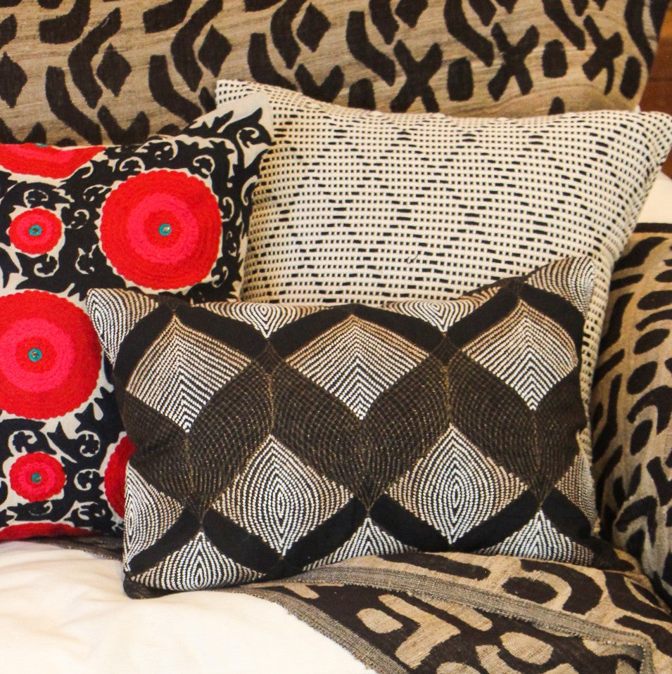 Mayur block-print cushion, hand-embroidered detail, Rasa Jaipur