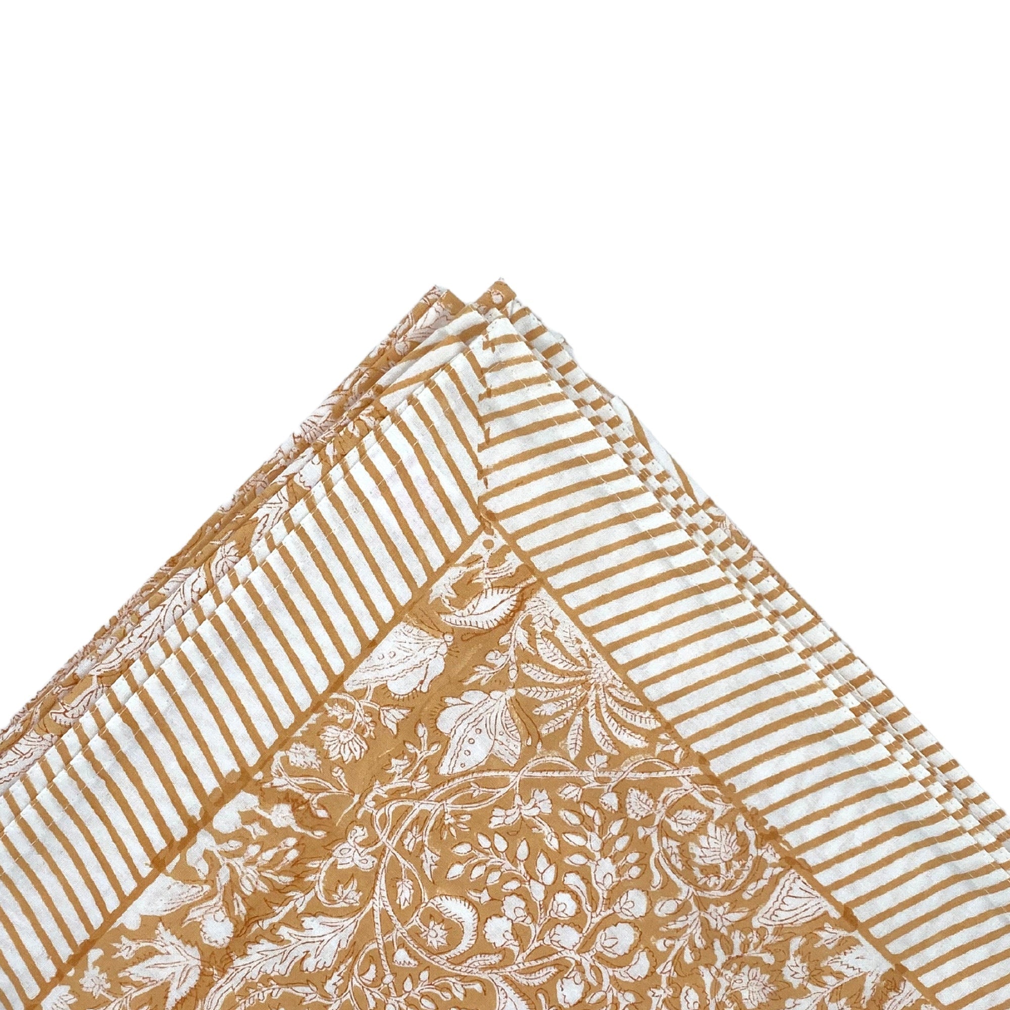Yellow rainforest block-print cotton tablecloth with a striped border