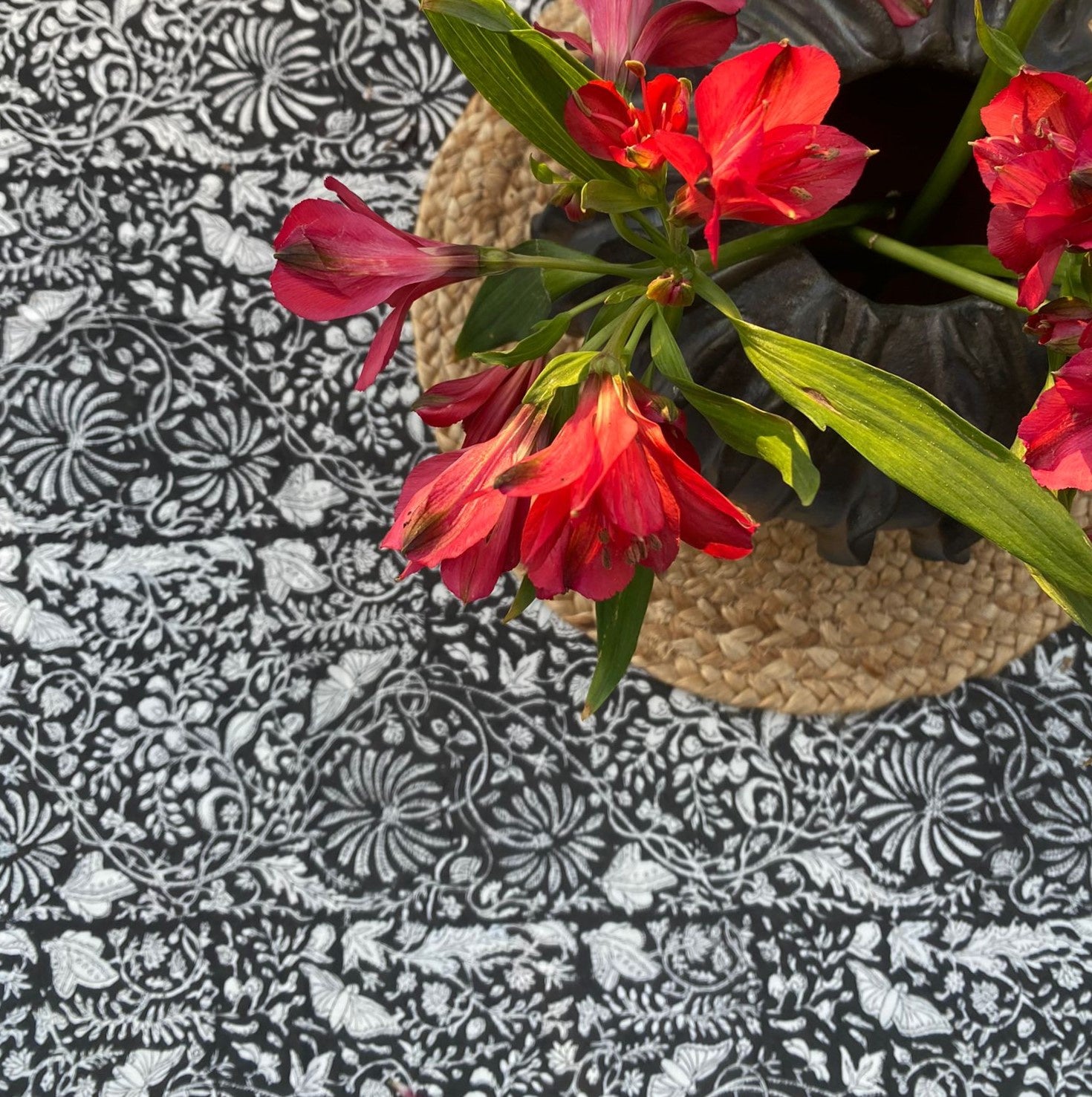 Black and white rainforest block-print tablecloth