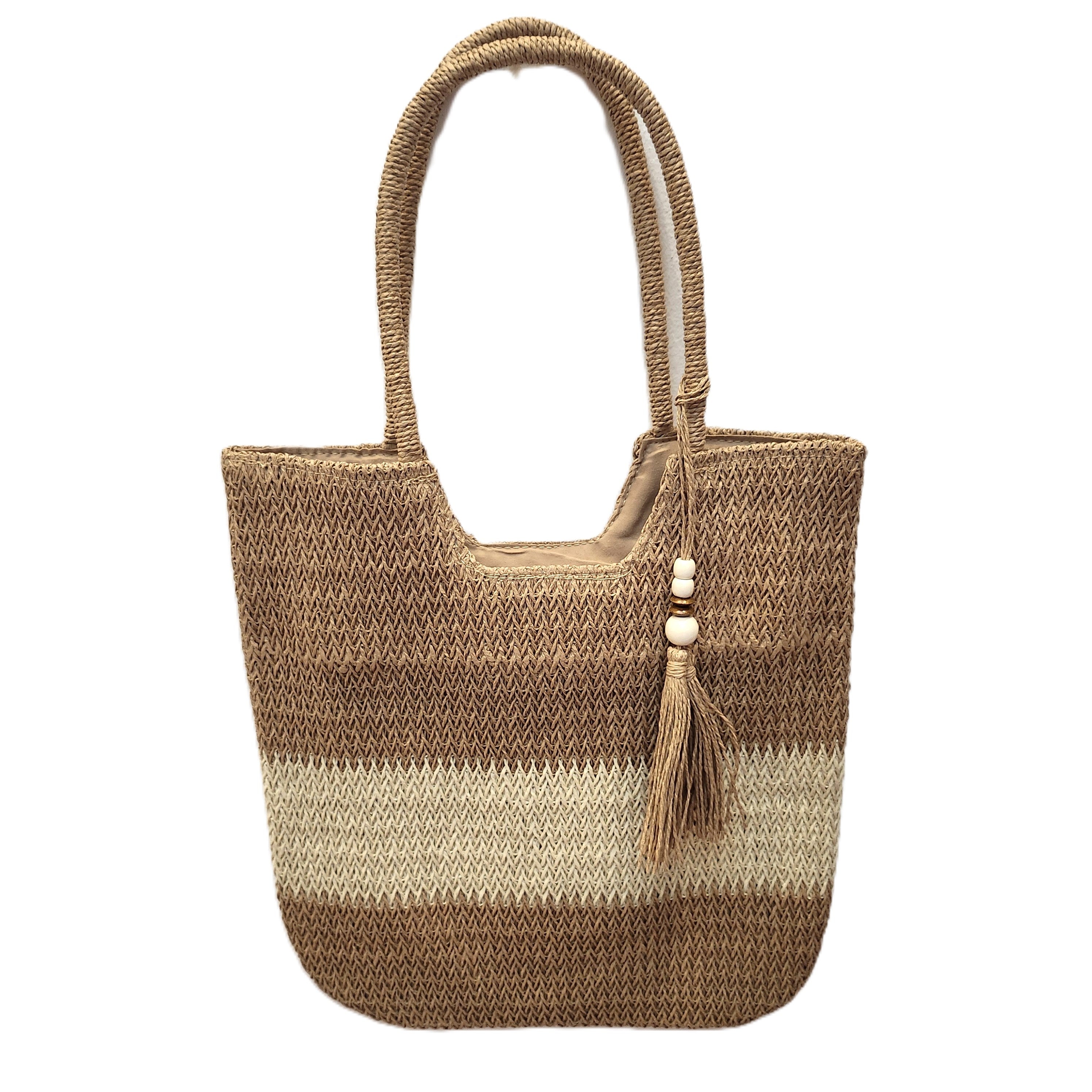 Raphia beach bag with tassel and stripes, handmade