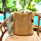 Bella raphia beach bag with tassel and woven handles, handmade