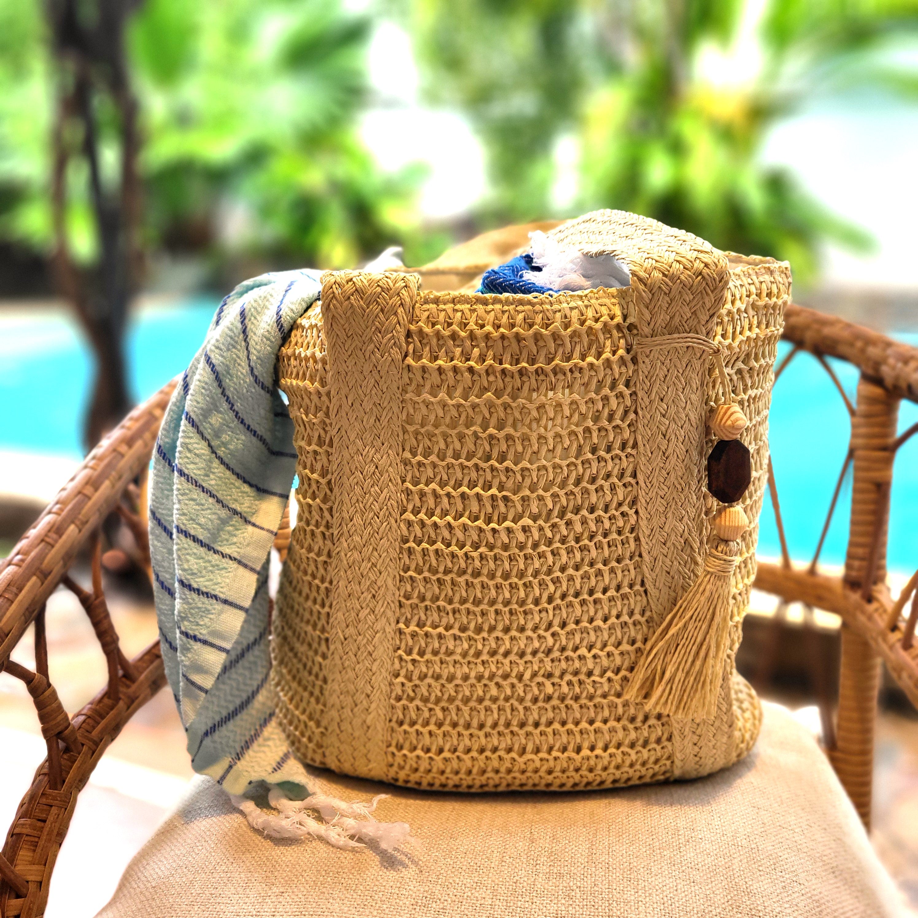 Bella raphia beach bag with tassel and woven handles, handmade