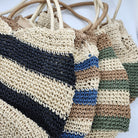 Striped raphia beach bag, handmade, 45 x 35 cm, zip closure