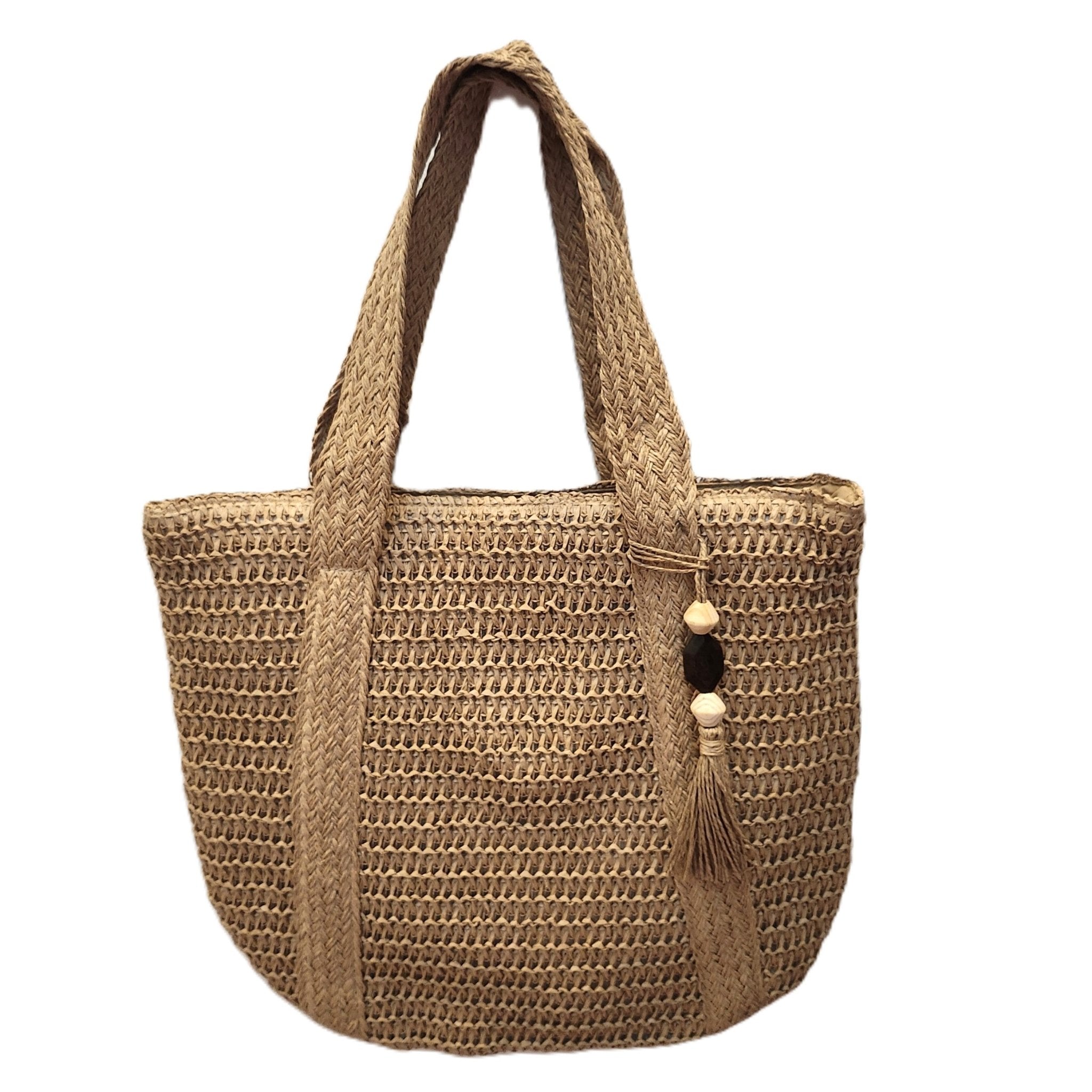 Bella raphia beach bag, woven handles, spacious interior, detail view