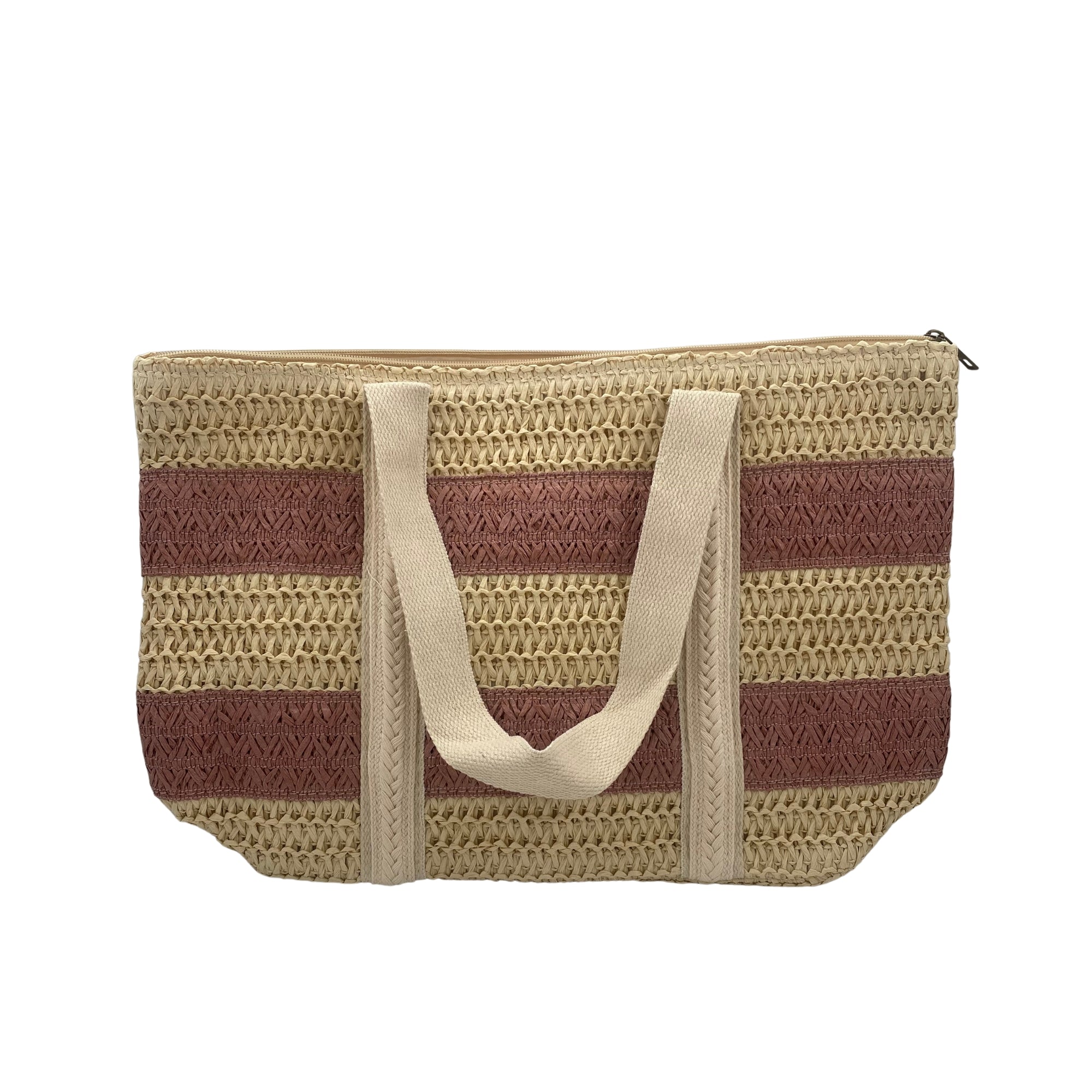 Striped raphia beach bag in pink, handmade, detail view