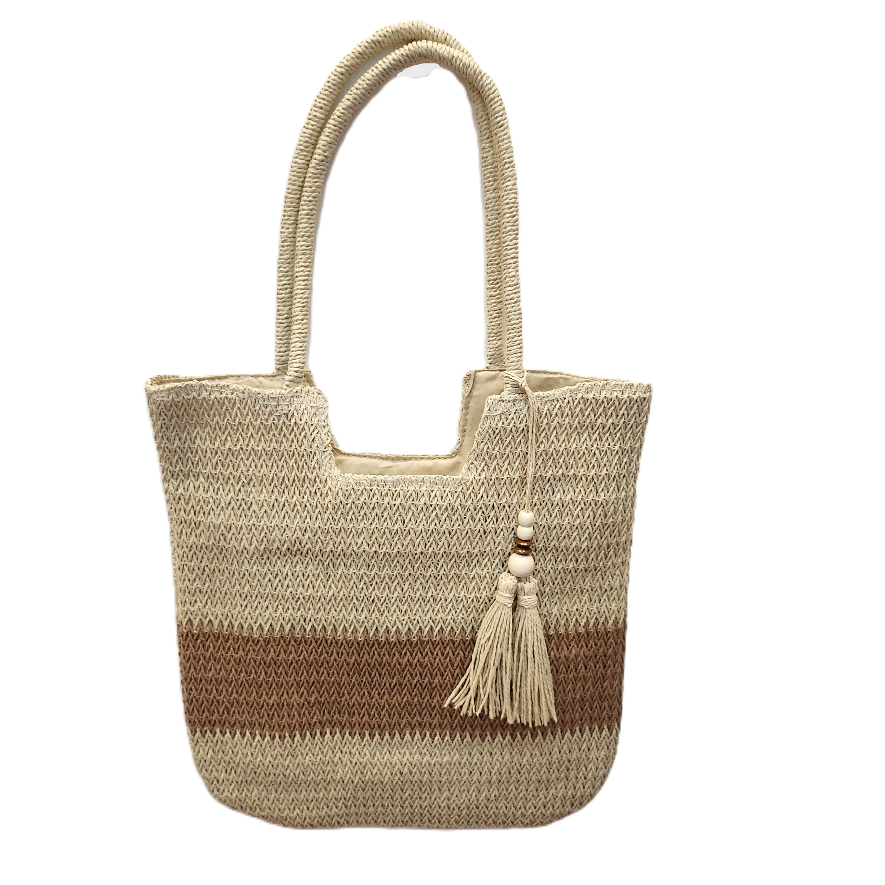 Raphia beach bag in cream with tassel and stripes, handmade