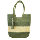 Raphia beach bag in sage with tassel and stripes, handmade