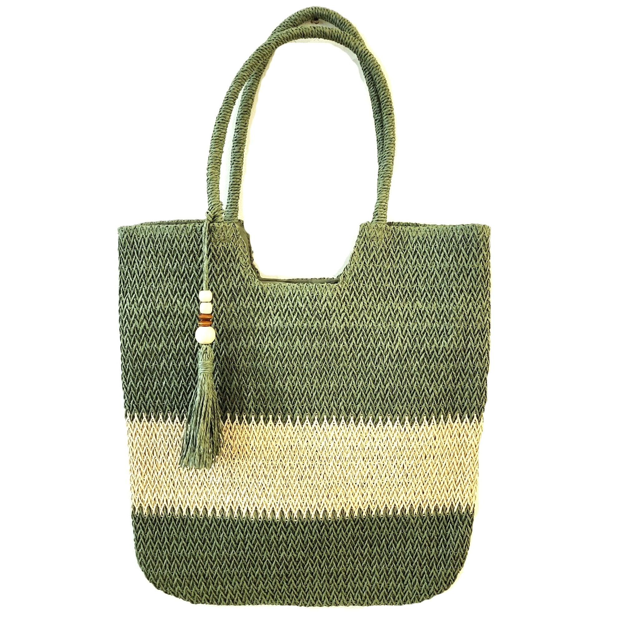 Raphia beach bag in sage with tassel and stripes, handmade