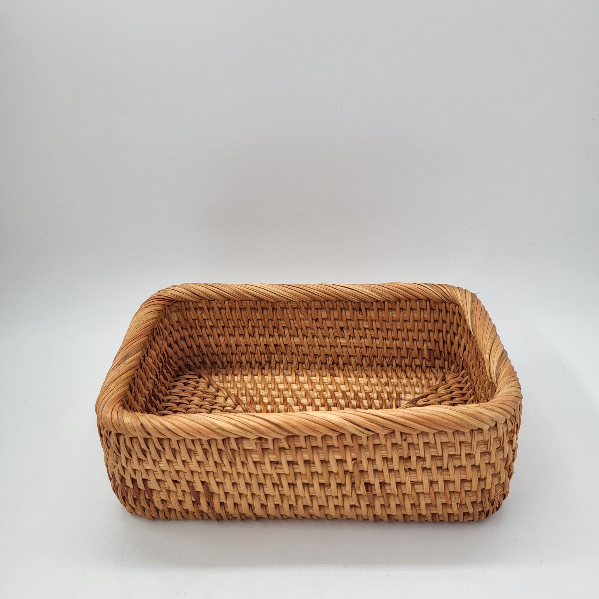 Rectangular rattan baskets, handwoven, nested sizes, detail view