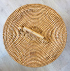 Lidded rattan laundry basket, handmade, 40 dia x 44 cm, styled