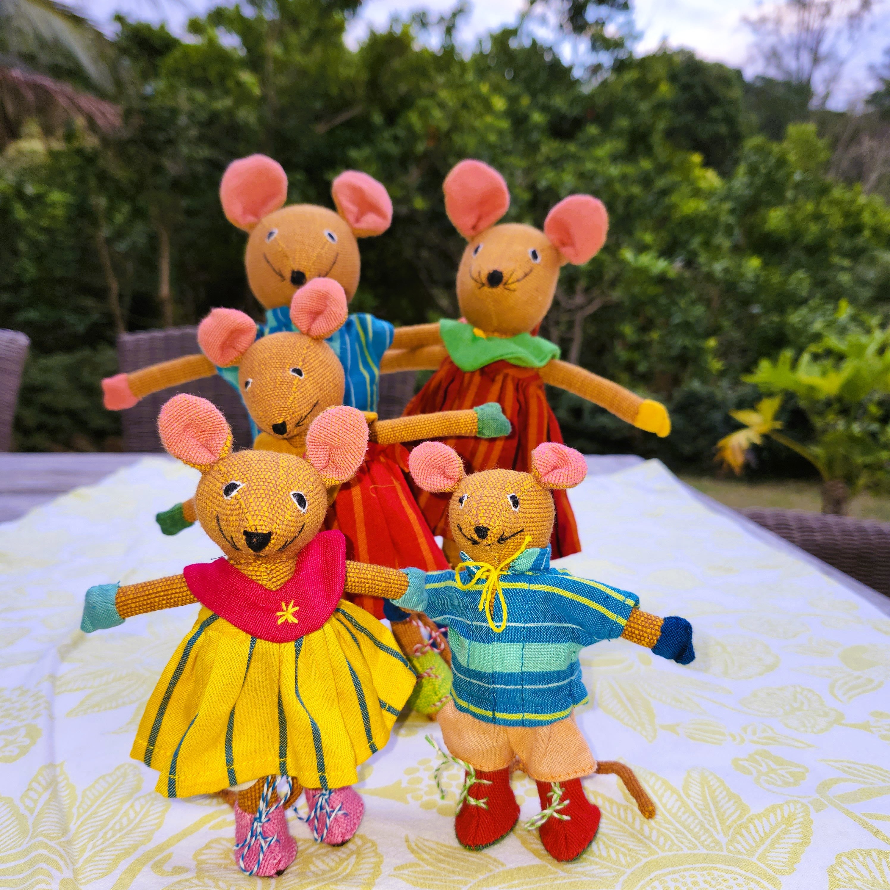Handwoven fabric mice in colourful clothes, group in three sizes, Sri Lanka