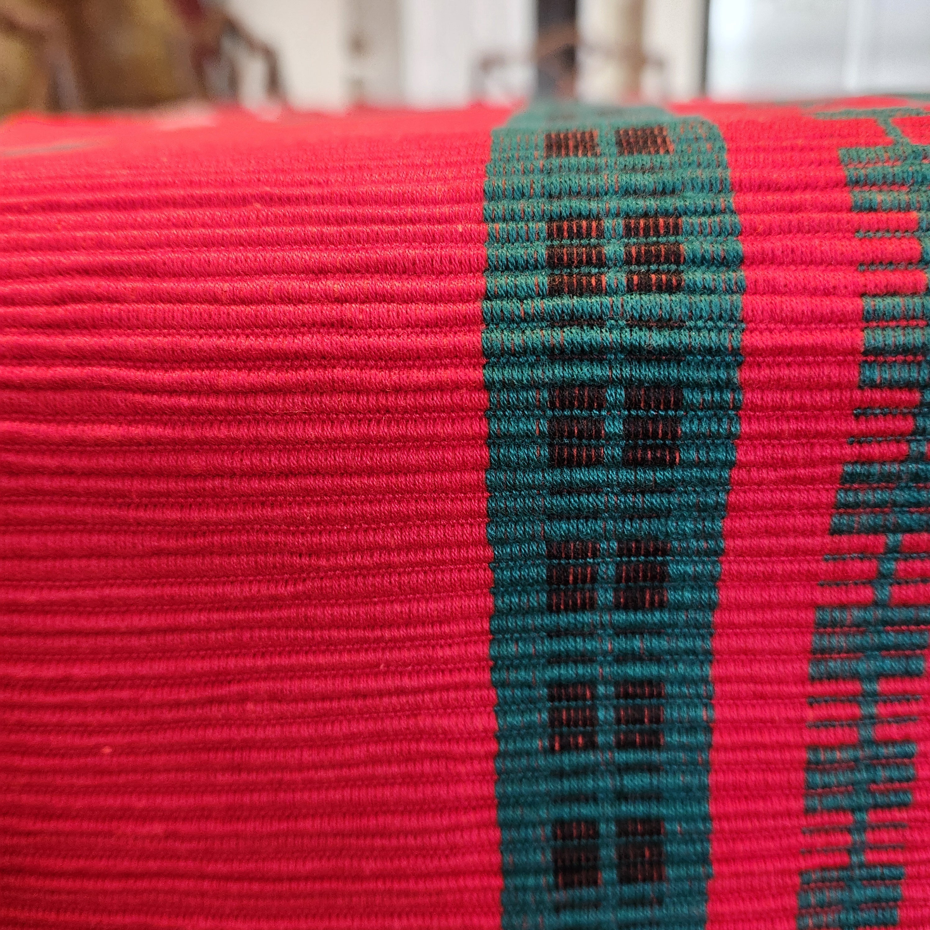 Handwoven festive table or bed runner in red and green cotton, 52 x 240 cm