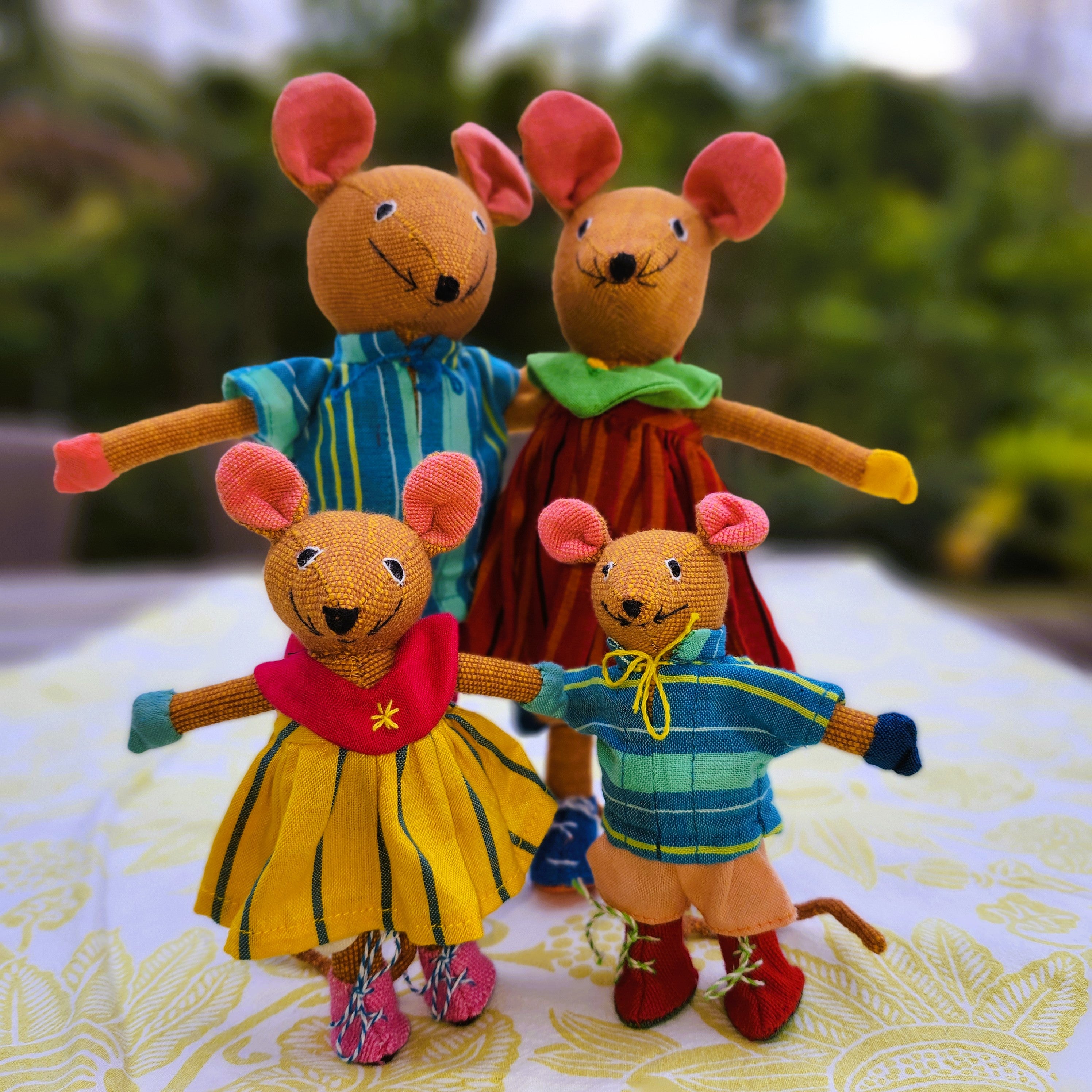 Handwoven fabric mice, large and small, in colourful outfits, Sri Lanka