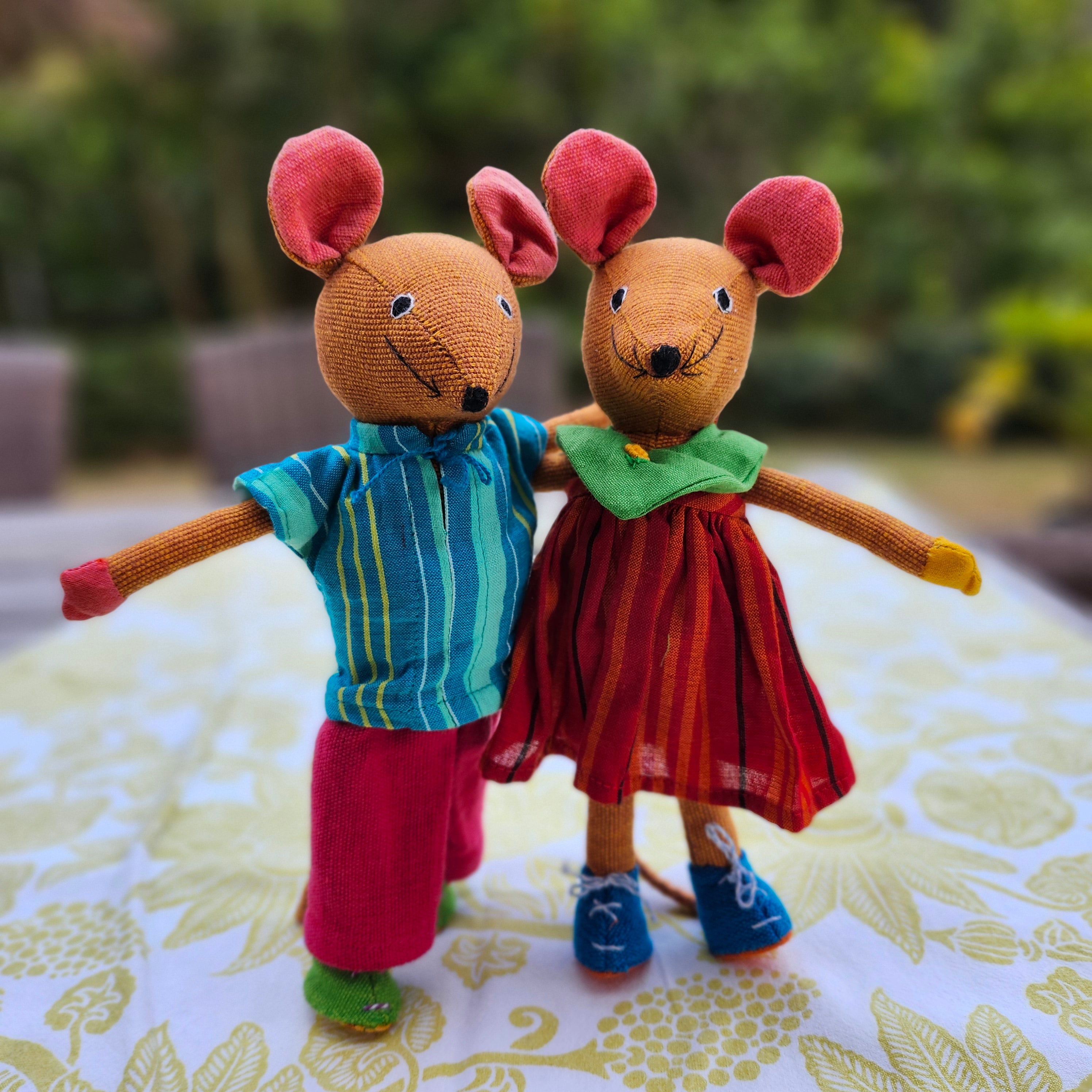 Handwoven fabric mice, large pair in colourful clothes, Sri Lanka