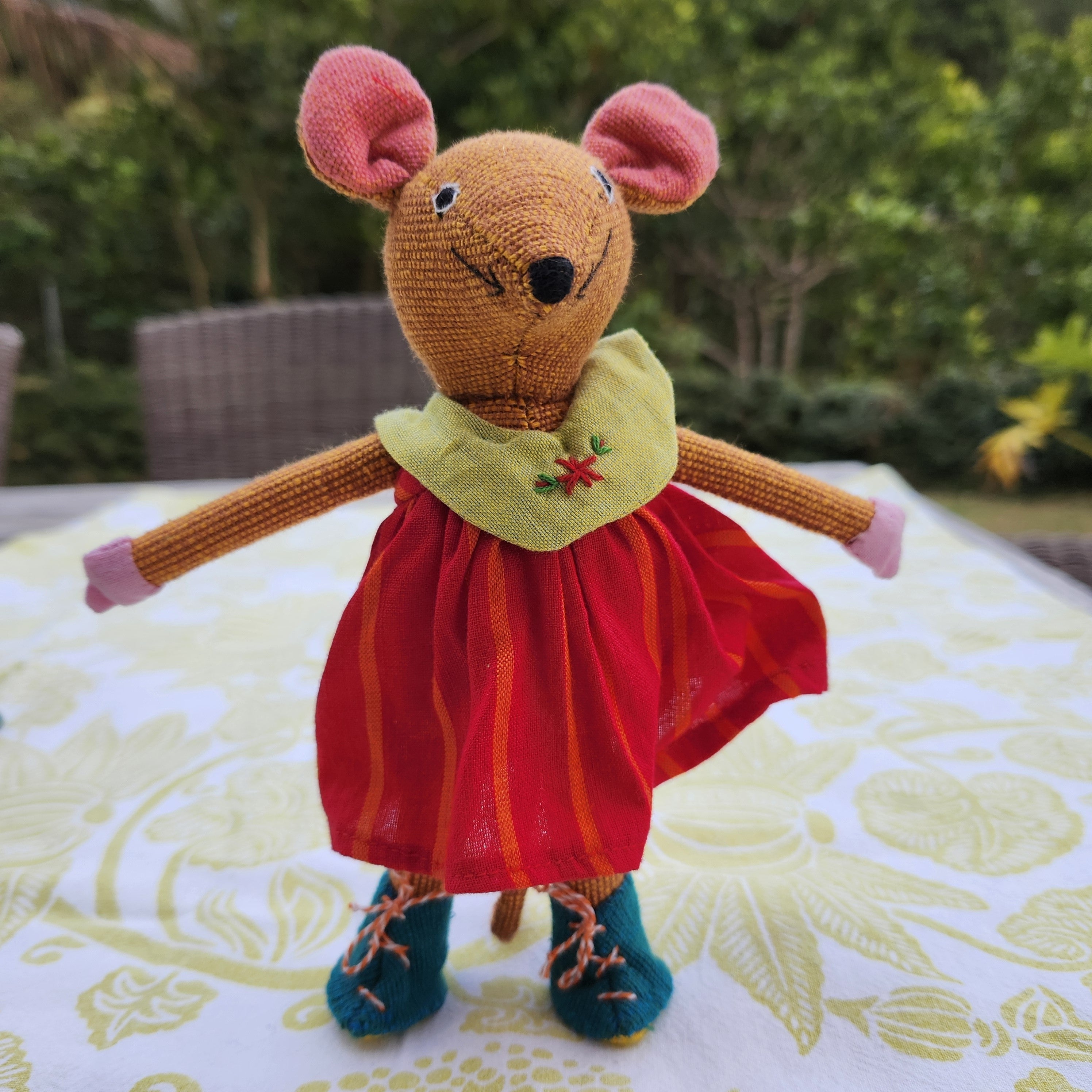 Handwoven fabric mouse, medium girl in colourful clothes, Sri Lanka