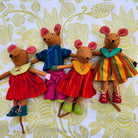 Handwoven fabric mice, medium size group in colourful outfits, Sri Lanka