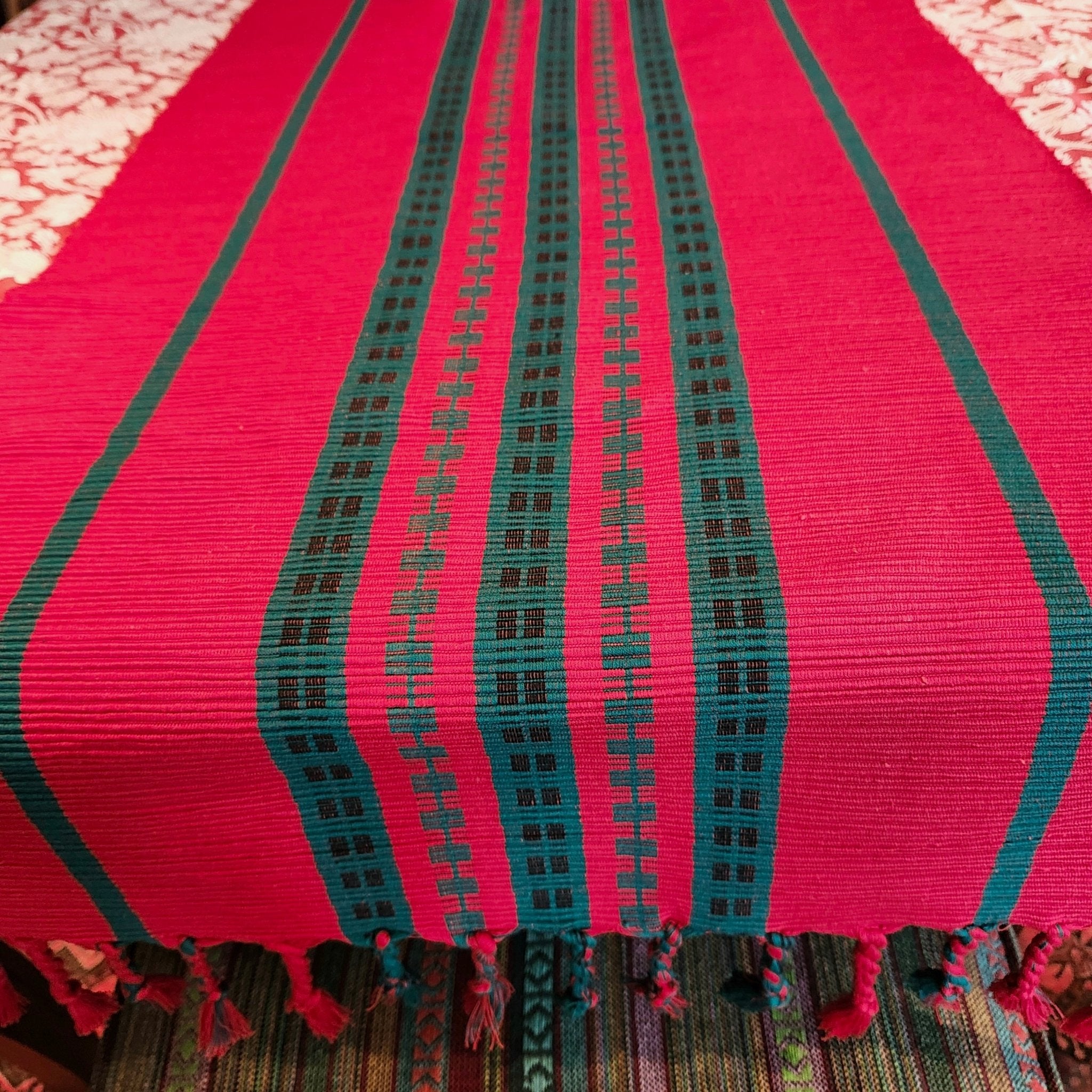 Red and green handwoven cotton runner for table or bed, festive
