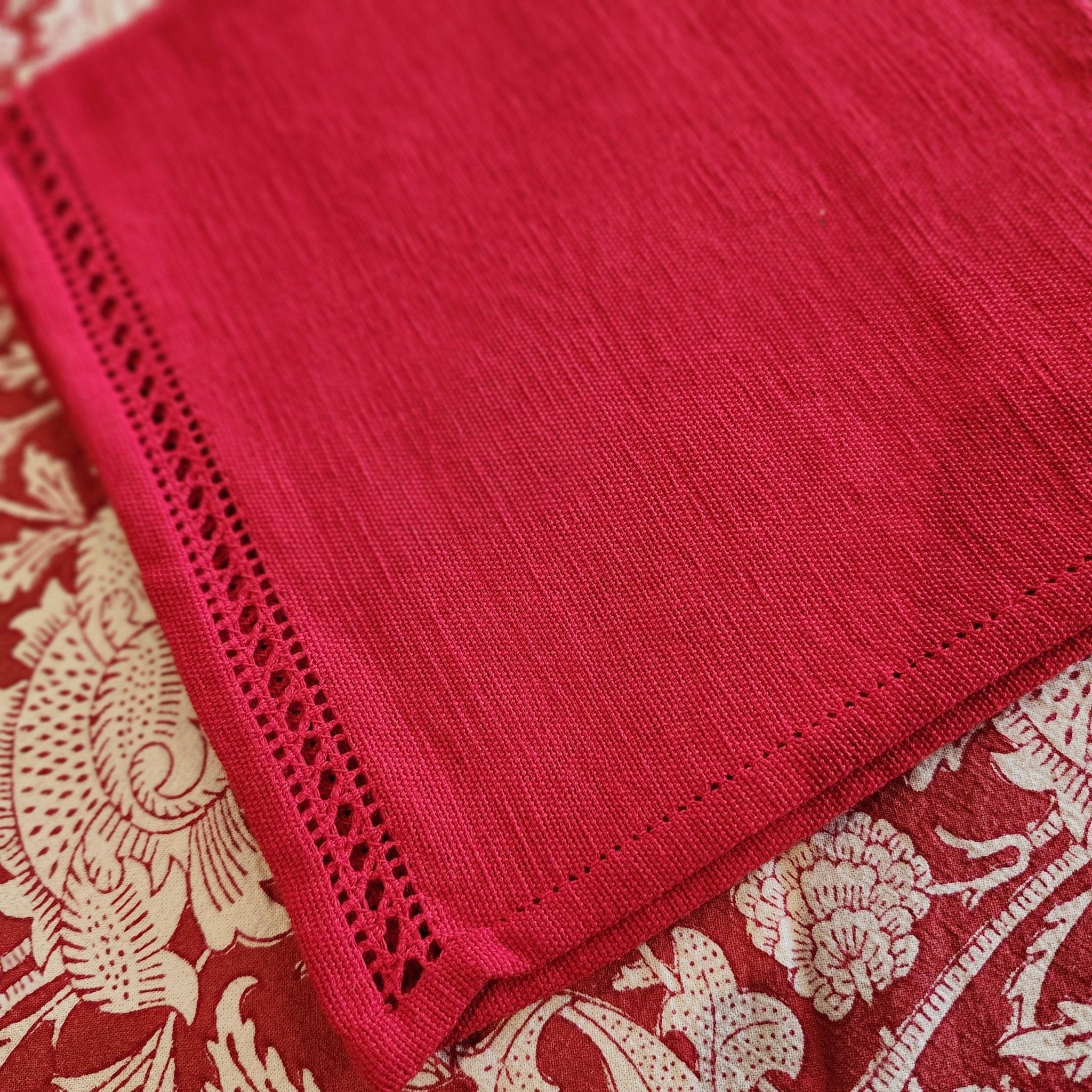 Red hemstitch cotton napkins, handloom, festive, detail view