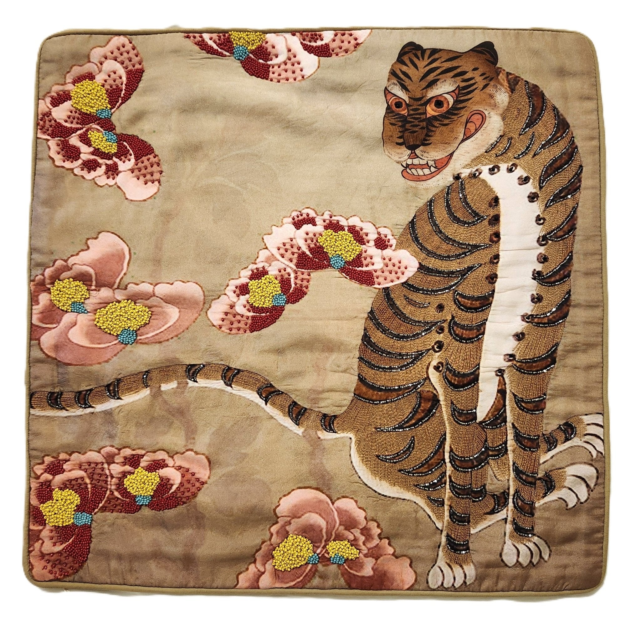 Detail of the hand stitched beading on the Tiger Blossom silk cushion, made in India, zip closure.