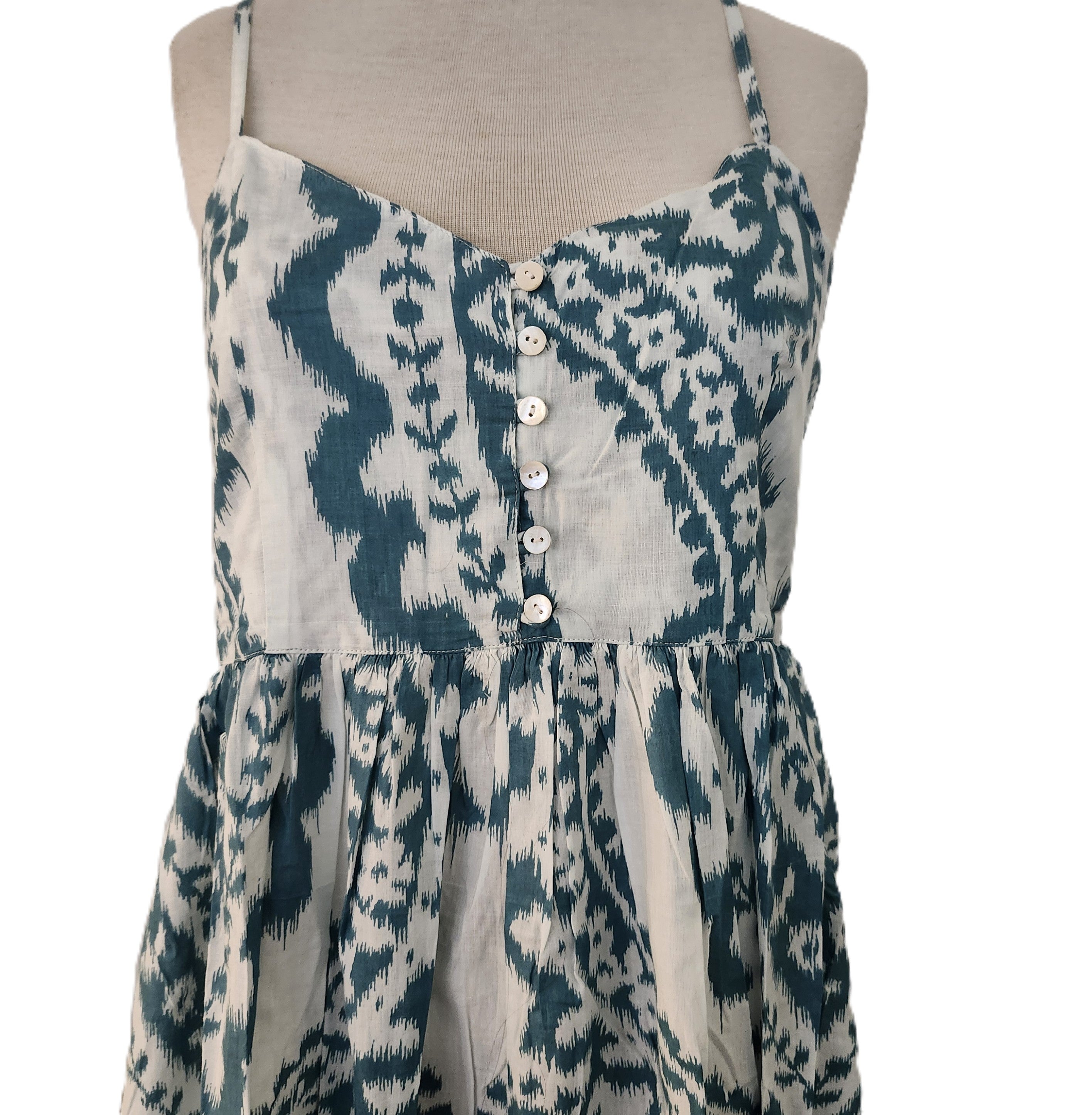 Block-print cotton sundress in an ikat pattern