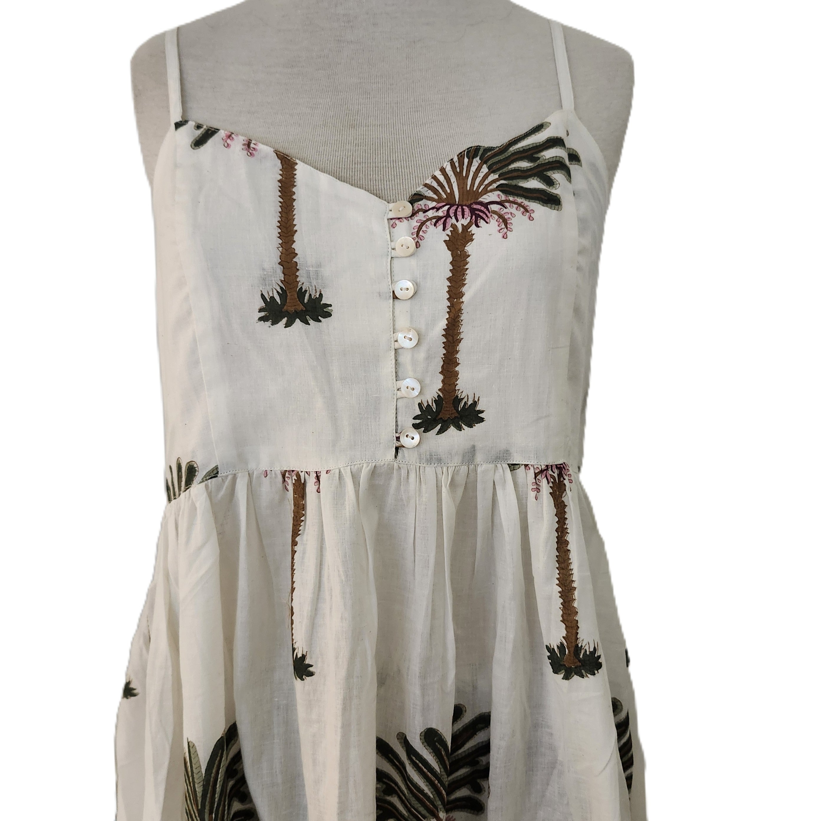 Block-print cotton sundress in a palm print