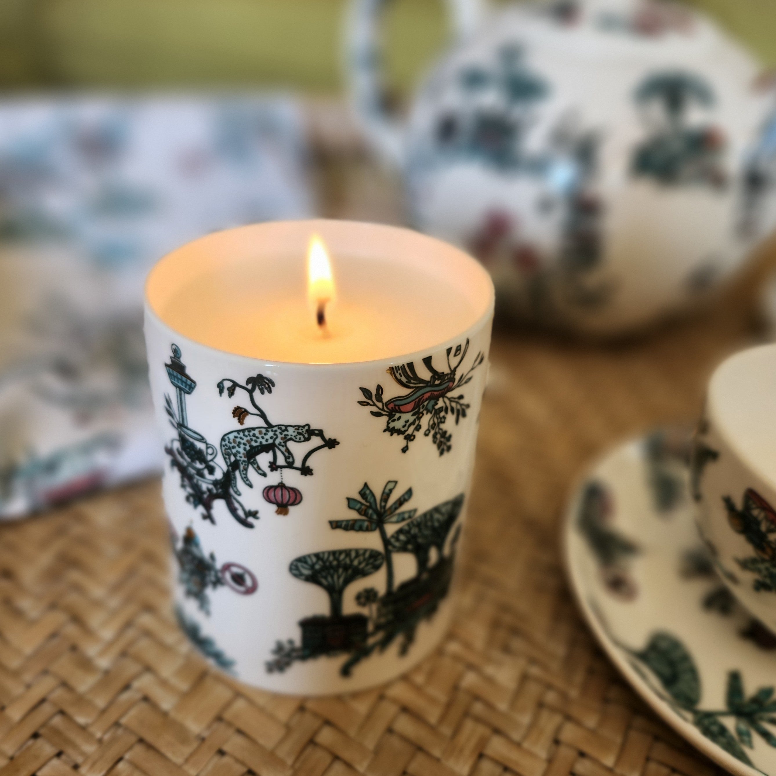 Singapore Toile scented candle in fine bone china holder, organic soy wax