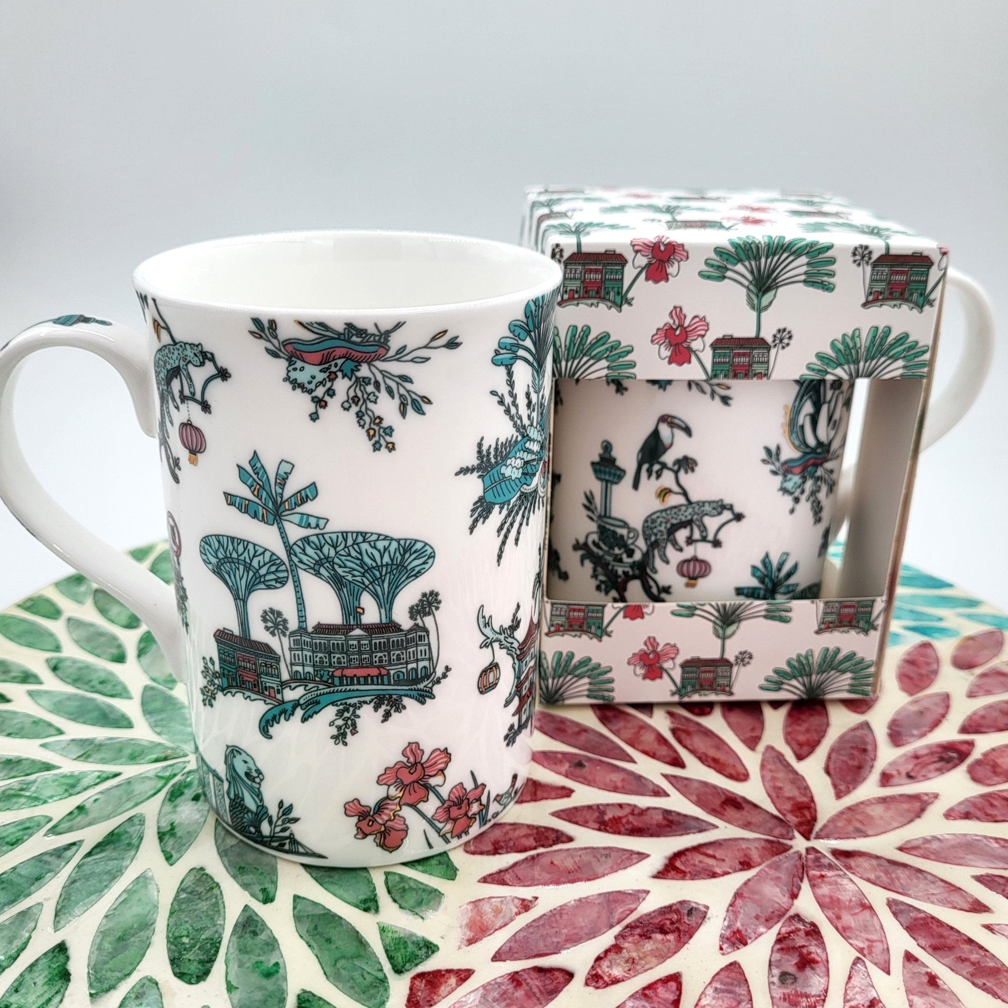 Singapore Toile mug, fine bone china, green, pink and gold toile design, 350ml