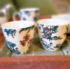 Singapore Toile East meets West cup pair, fine bone china, green, pink and gold design