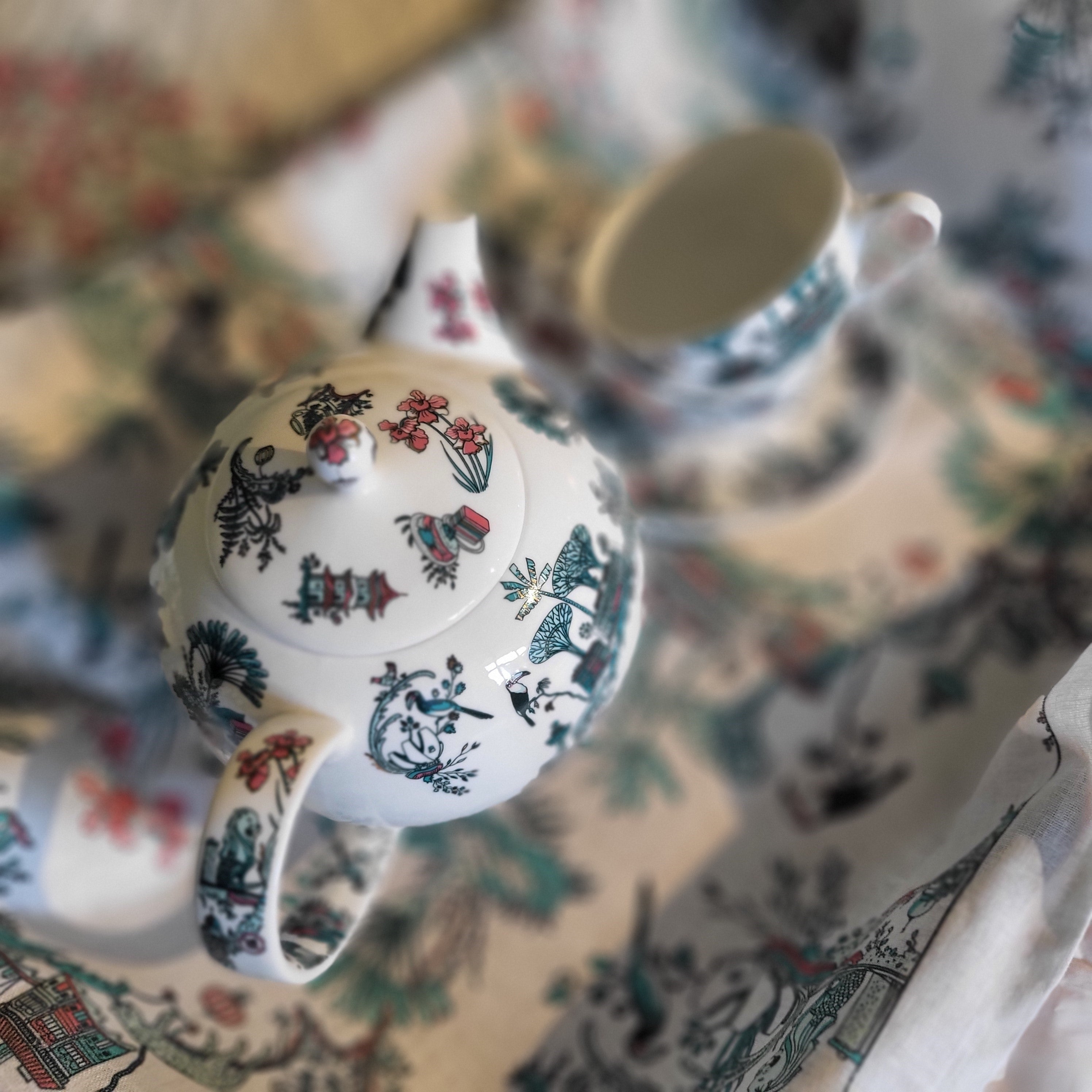 Singapore Toile fine bone china teapot, detail of toile pattern