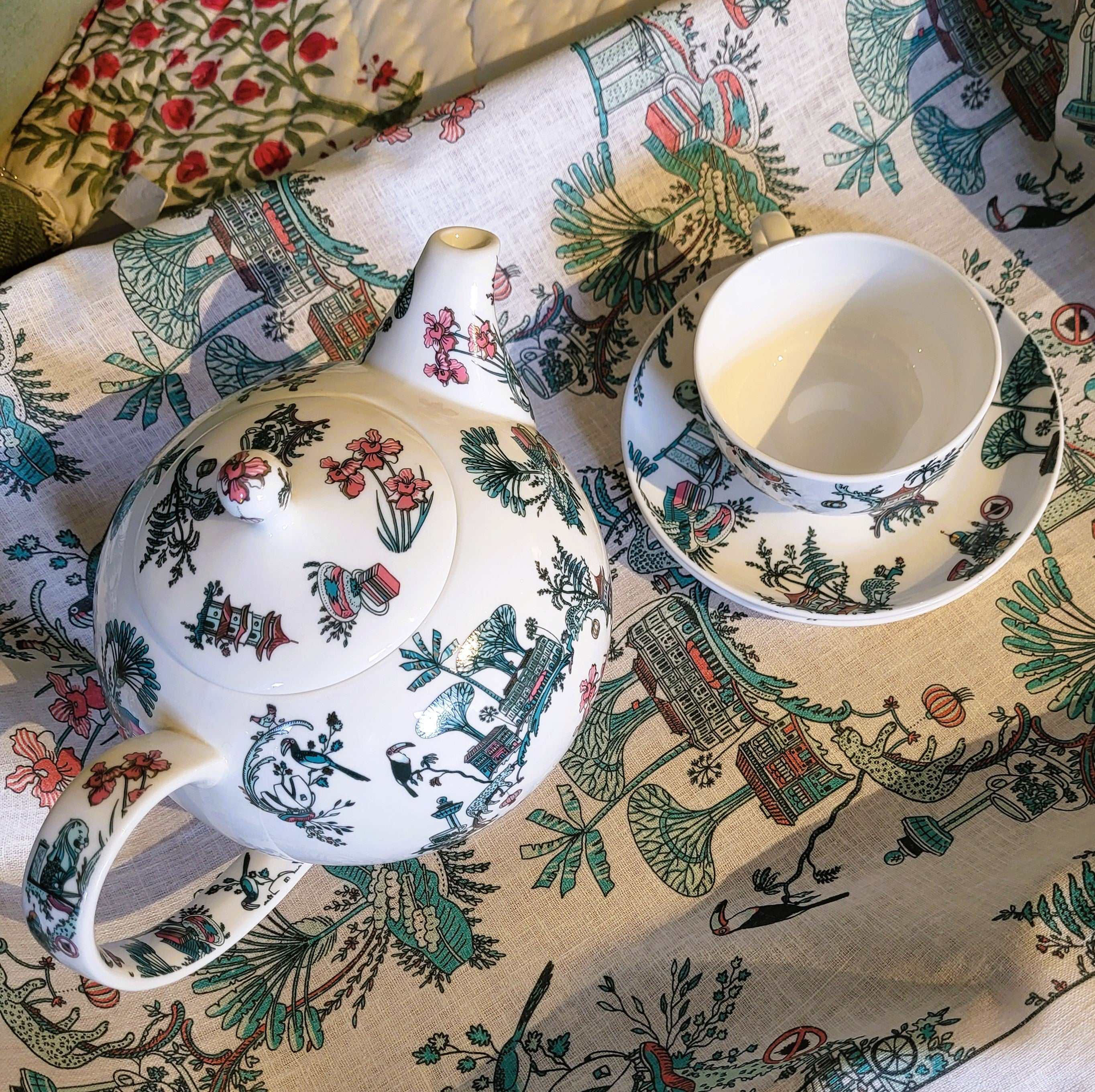 Singapore Toile fine bone china teapot, side view