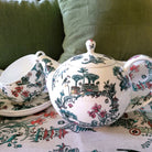 Singapore Toile teapot, fine bone china, green, pink and gold toile design