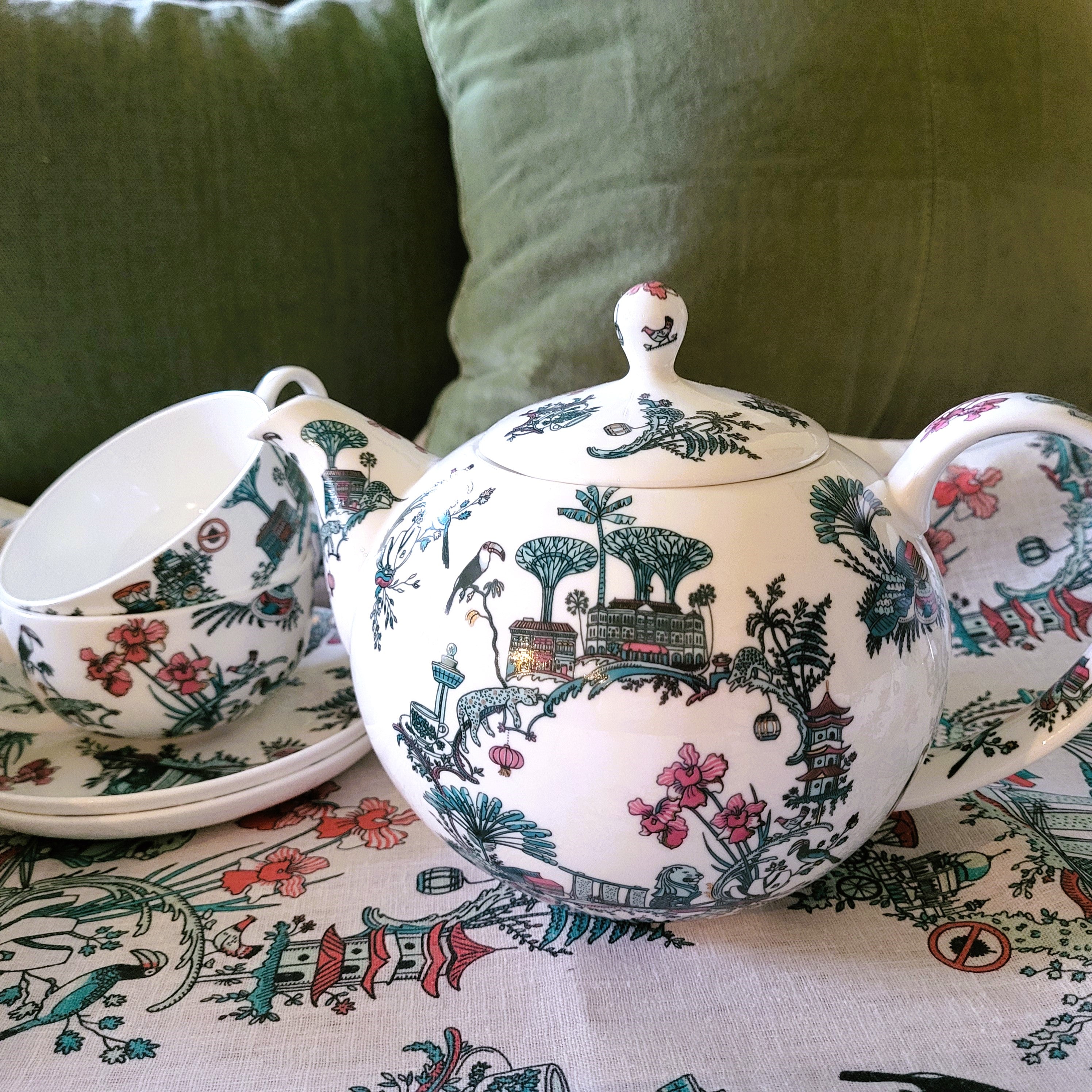 Singapore Toile teapot, fine bone china, green, pink and gold toile design