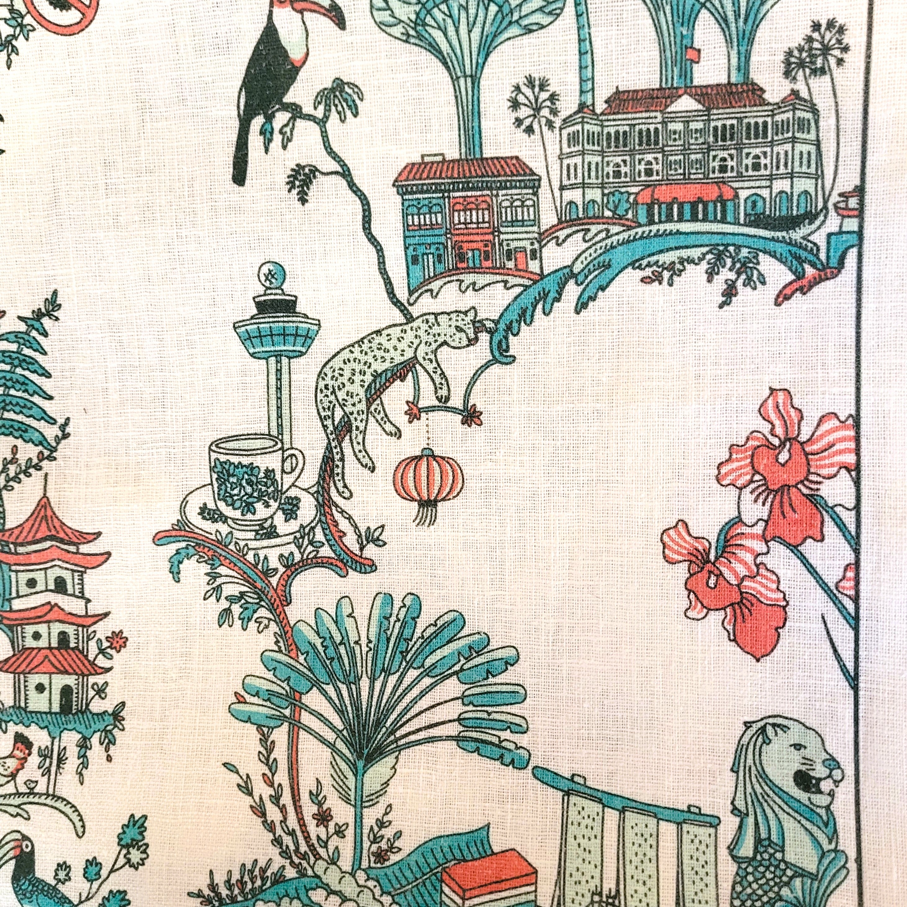 Singapore Toile fine linen tea towel, detail of toile design