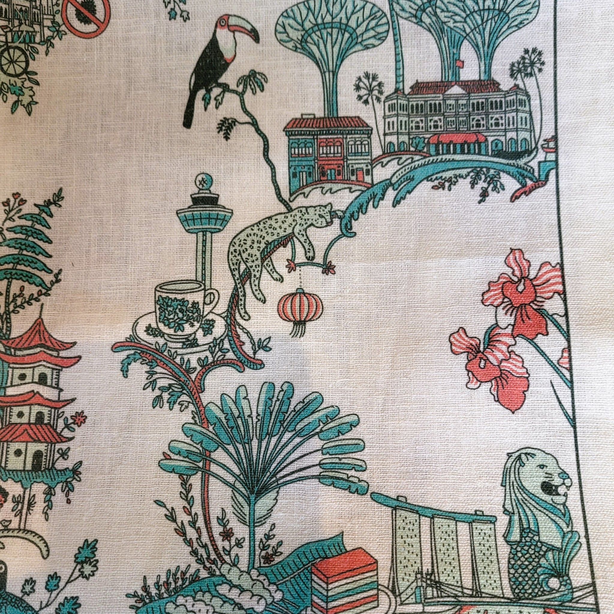 Singapore Toile linen tea towel, styled in a kitchen
