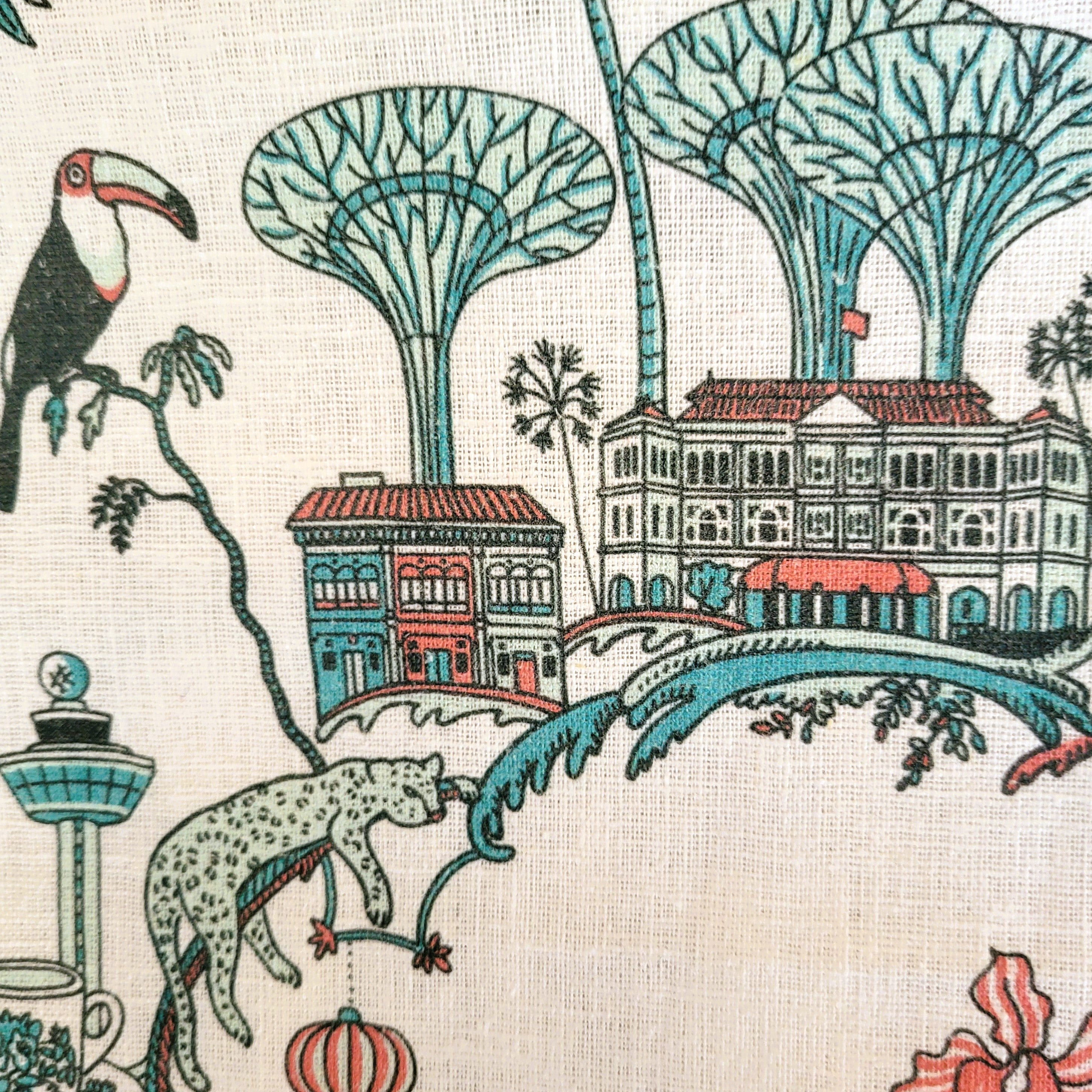 Singapore Toile tea towel in fine linen, green, pink and gold toile print